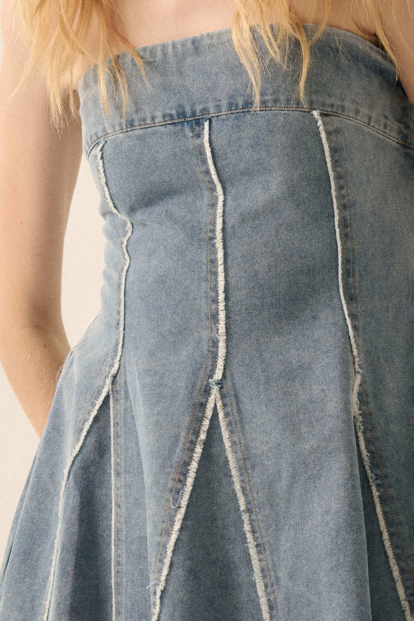 Indigo Skies Denim Strapless Godet Mini Dress - Image 4