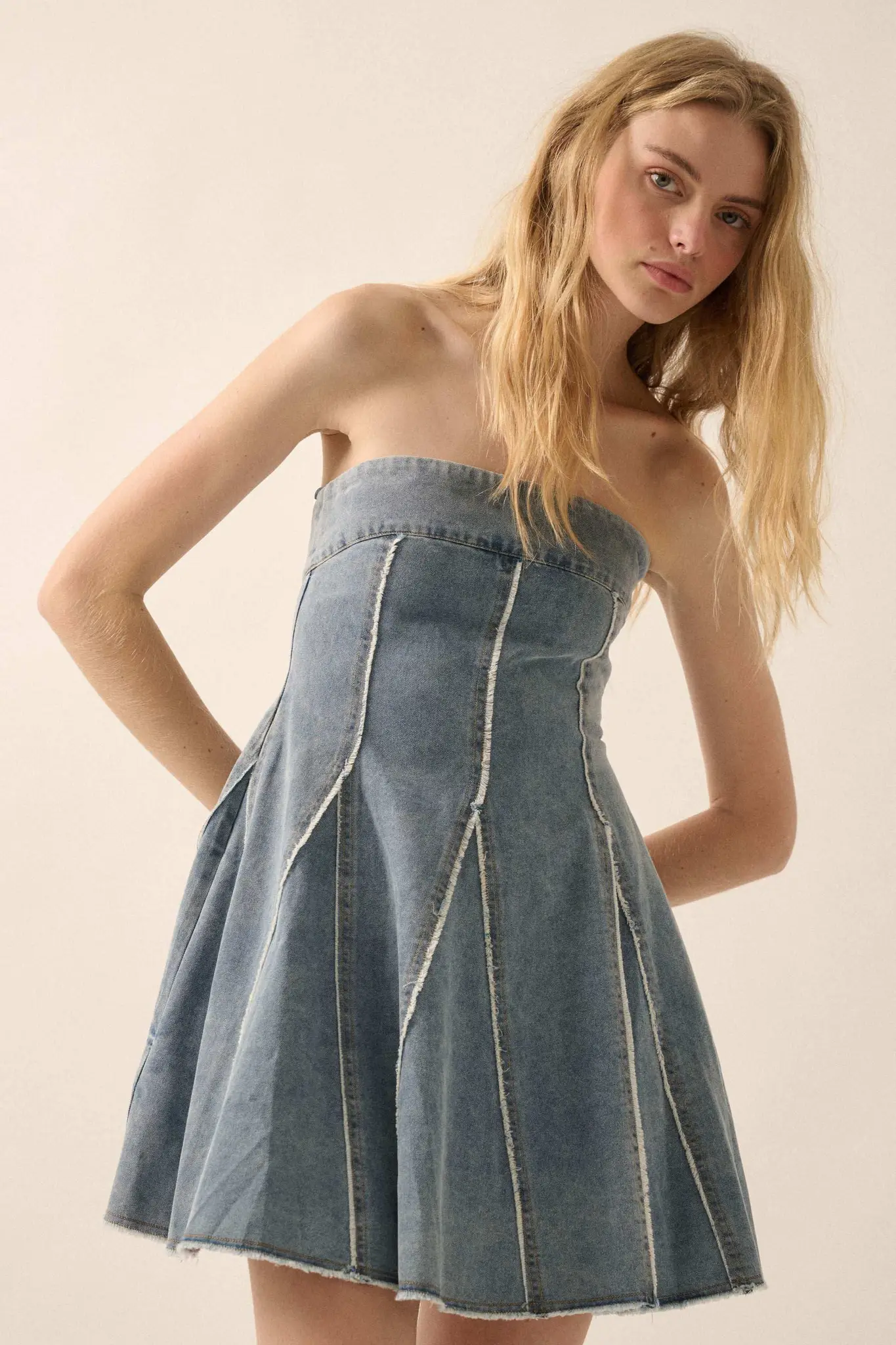 Indigo Skies Denim Strapless Godet Mini Dress - Image 5