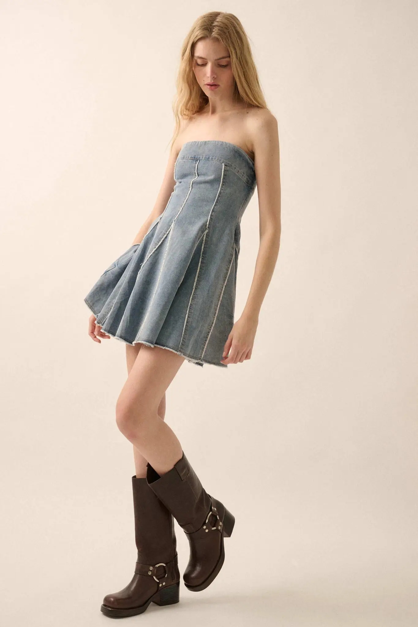 Indigo Skies Denim Strapless Godet Mini Dress - Image 6