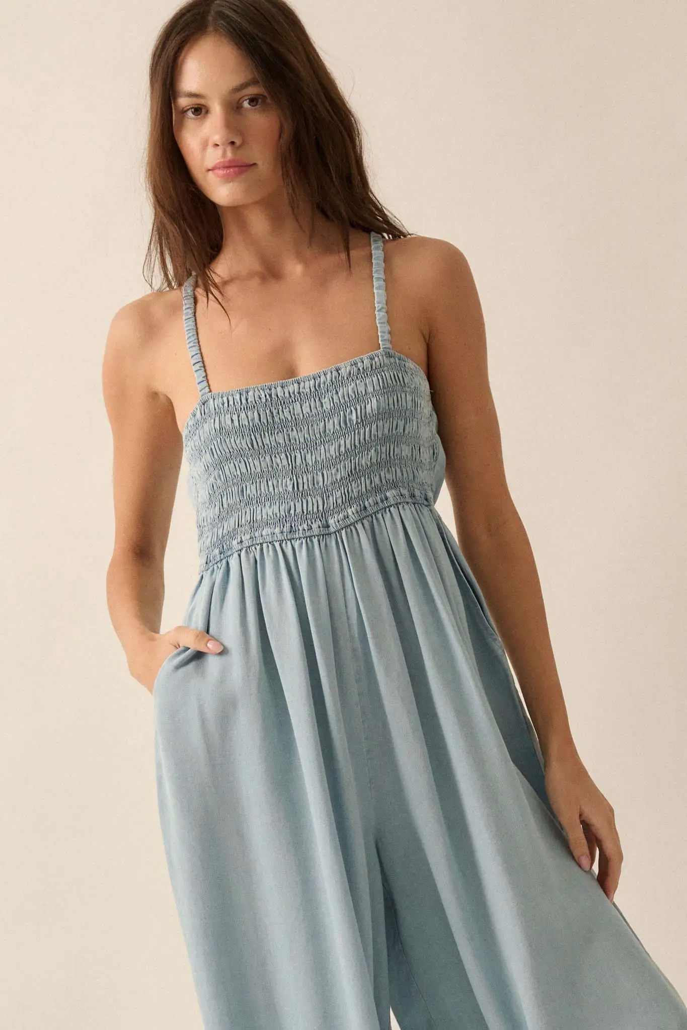 Into the Blue Smocked Denim Wide-Leg Jumpsuit - Image 6