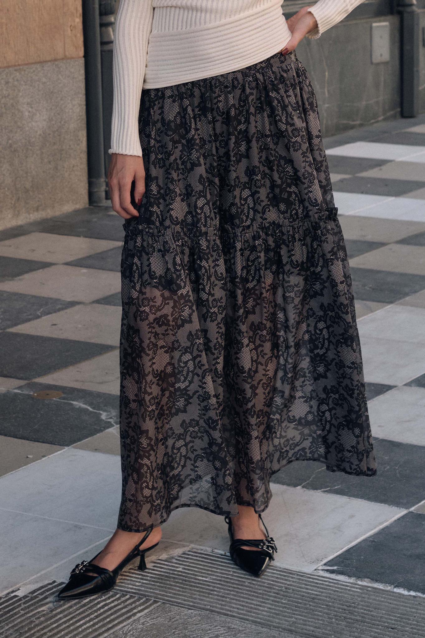 Into the Night Lace-Print Organza Maxi Skirt - Image 2