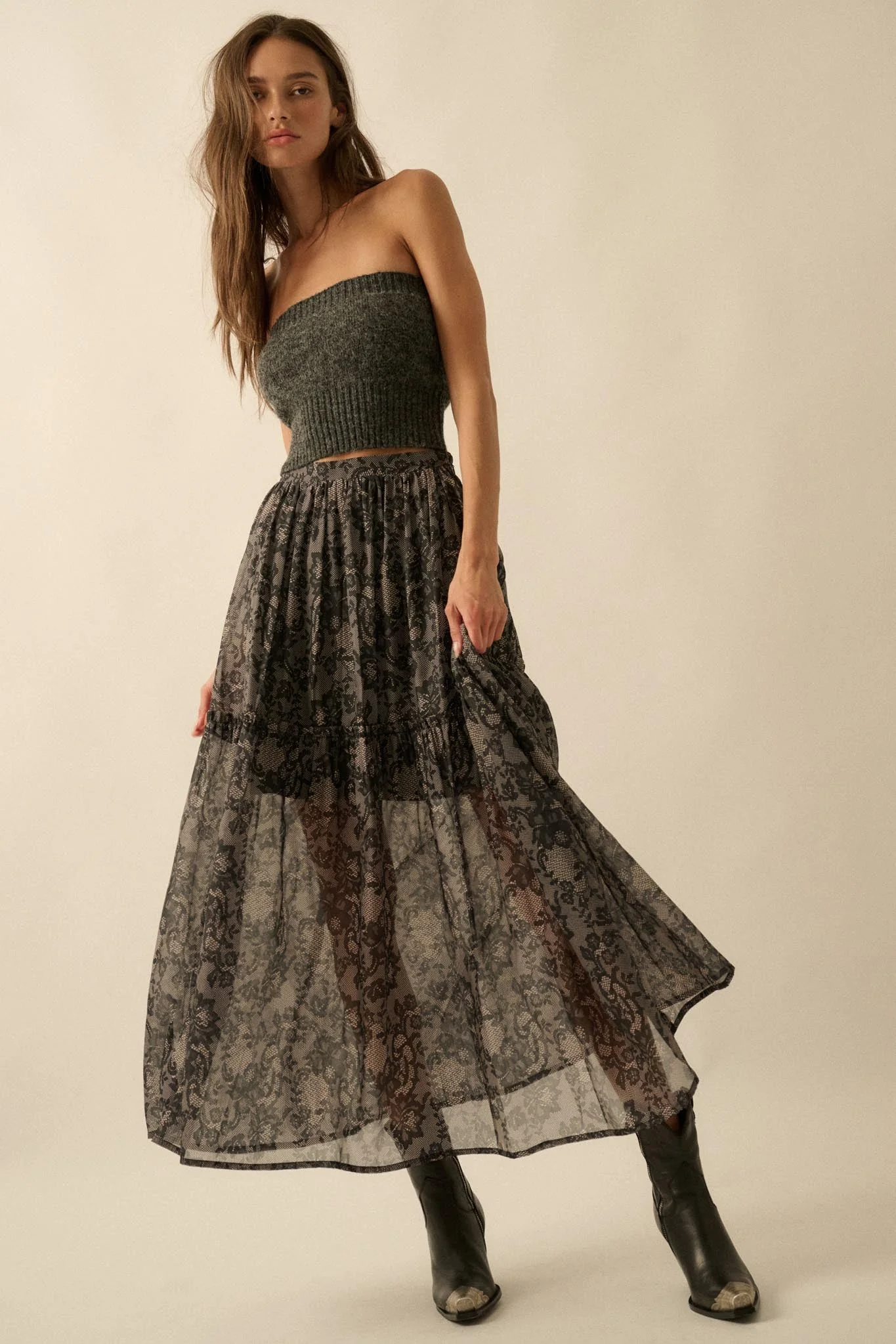 Into the Night Lace-Print Organza Maxi Skirt - Image 4