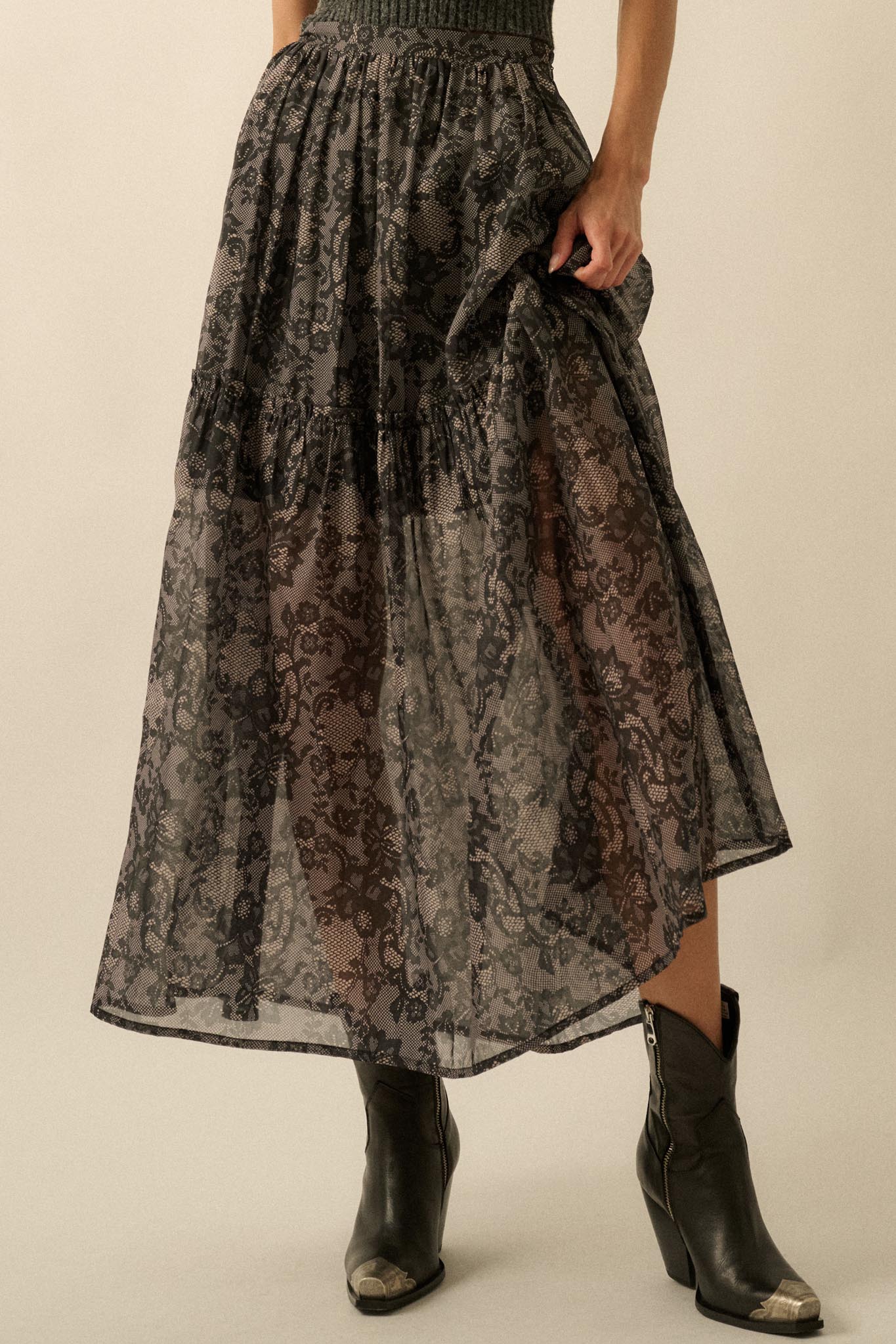 Into the Night Lace-Print Organza Maxi Skirt - Image 6