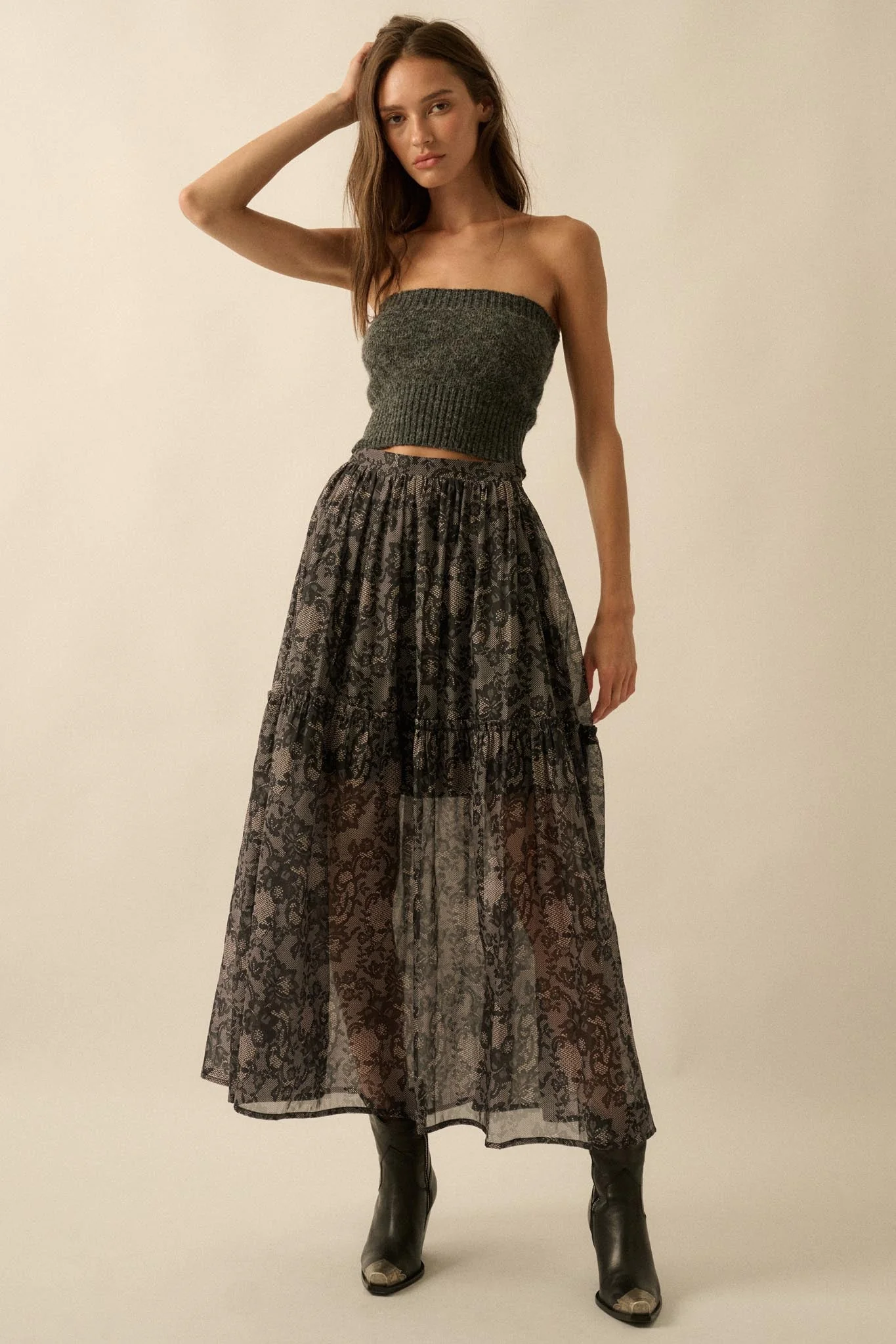 Into the Night Lace-Print Organza Maxi Skirt - Image 7