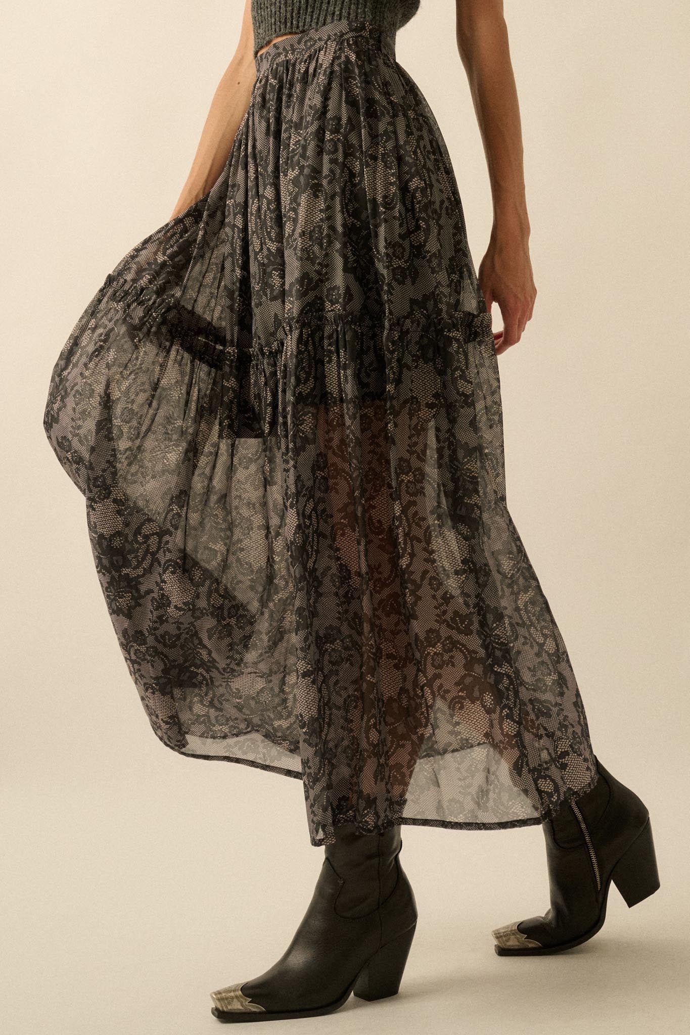 Into the Night Lace-Print Organza Maxi Skirt - Image 8