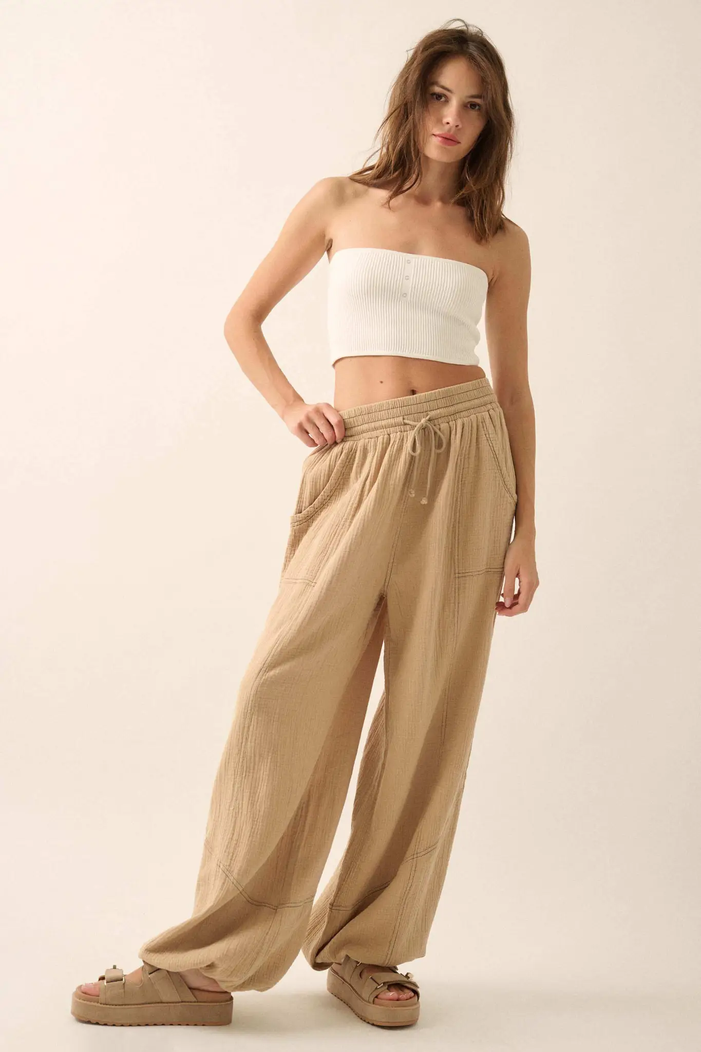 Jump In Crinkle Cotton Drawstring Parachute Pants - Image 4