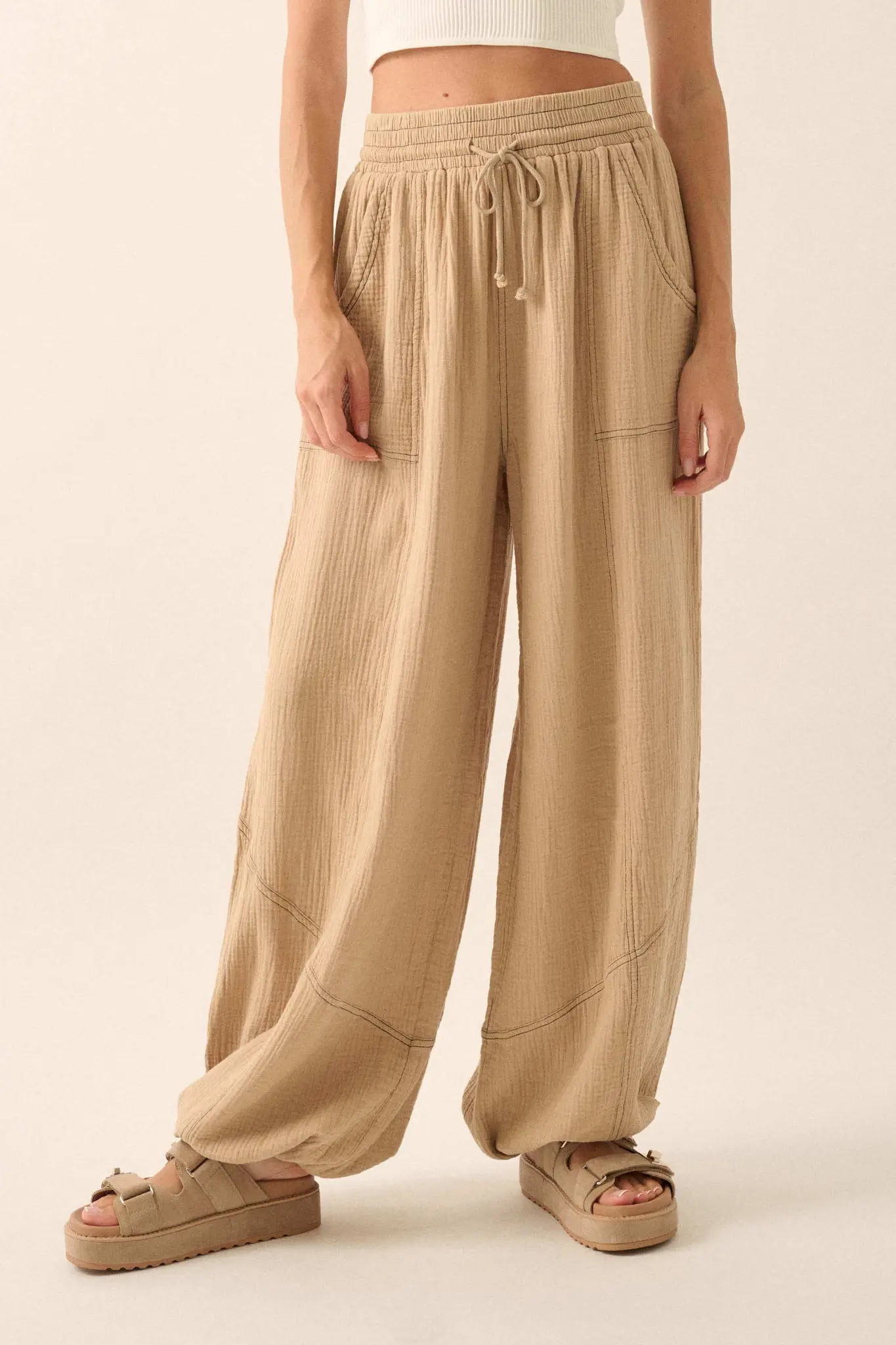 Jump In Crinkle Cotton Drawstring Parachute Pants - Image 5