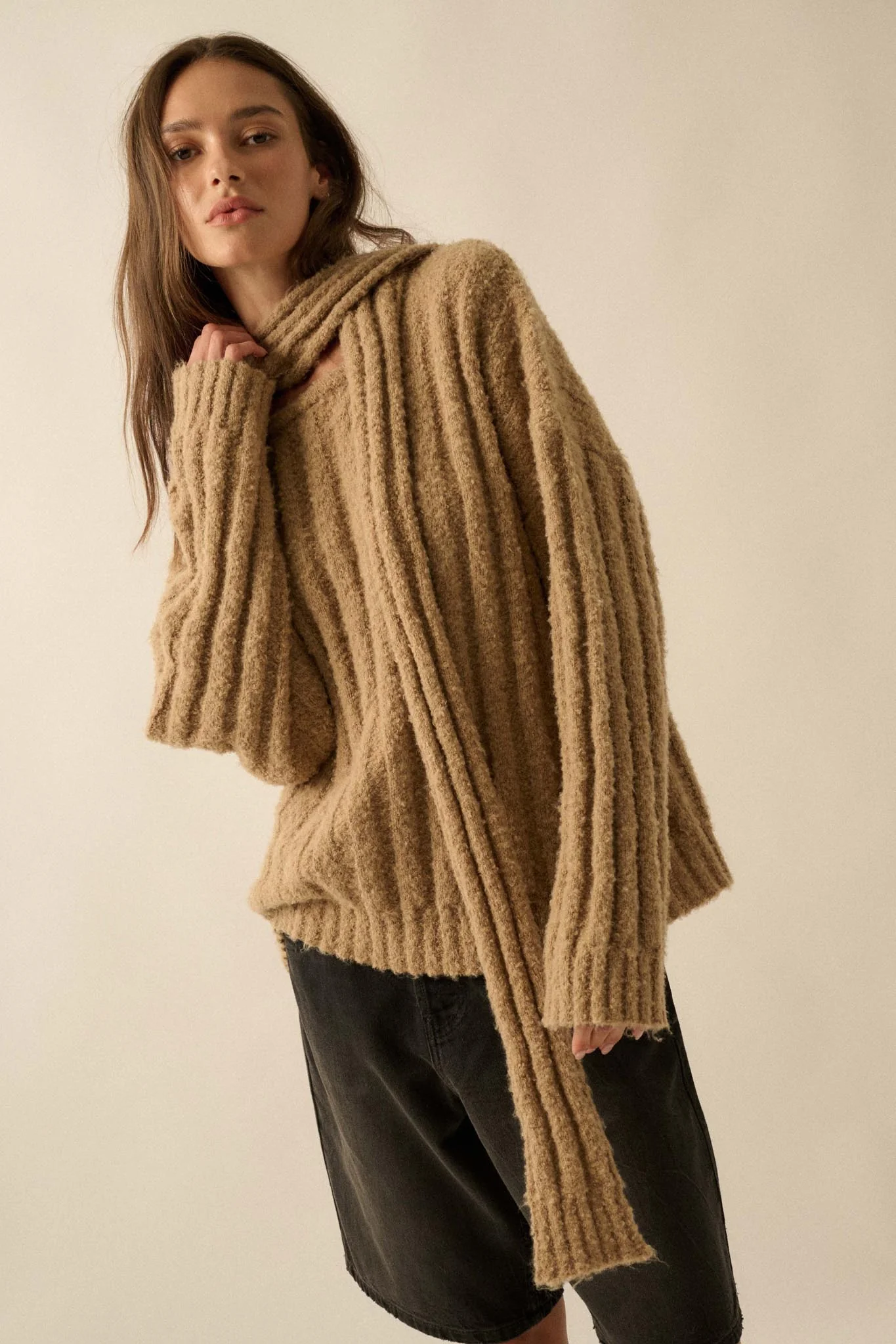 Keep Your Cool Textured Ribbed Knit Scarf Sweater - Image 4