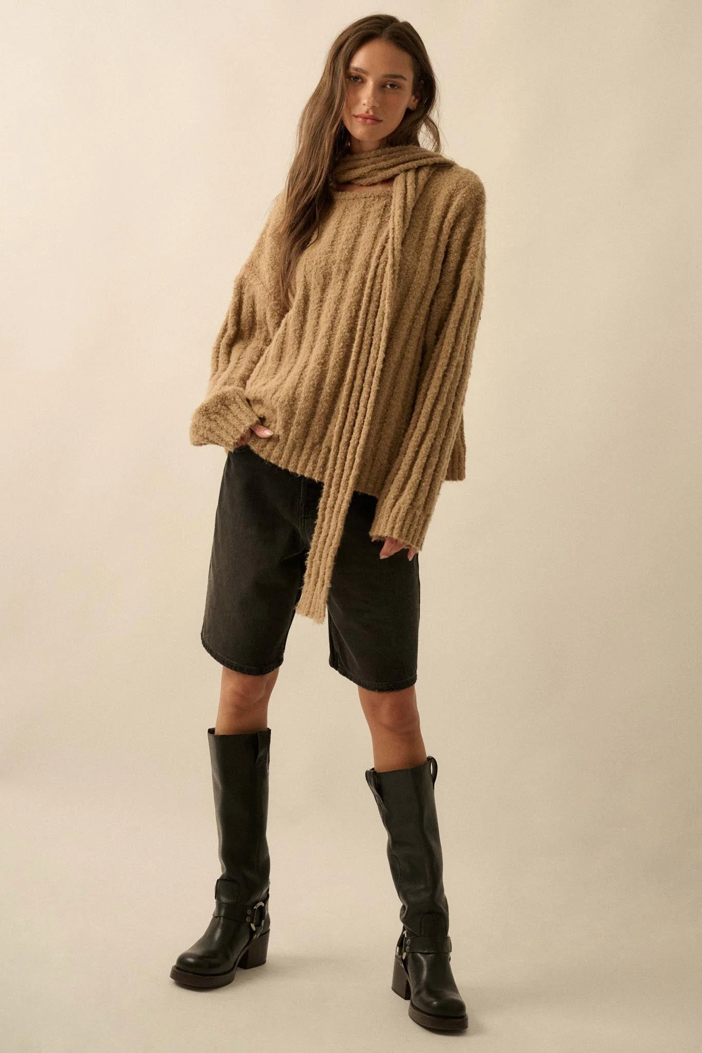 Keep Your Cool Textured Ribbed Knit Scarf Sweater - Image 7