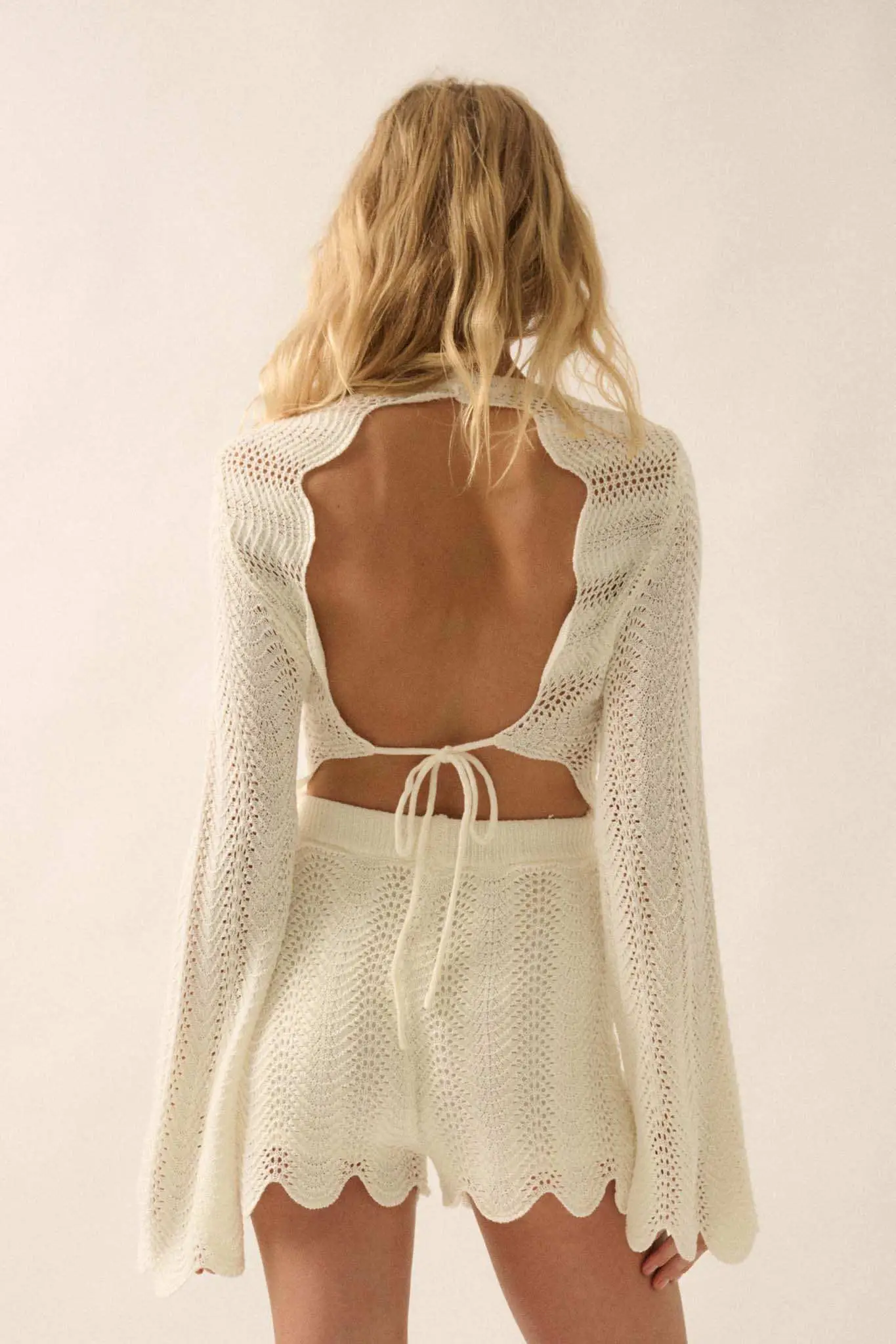 Kick Back Crochet Bell-Sleeve Open-Back Romper - Image 12