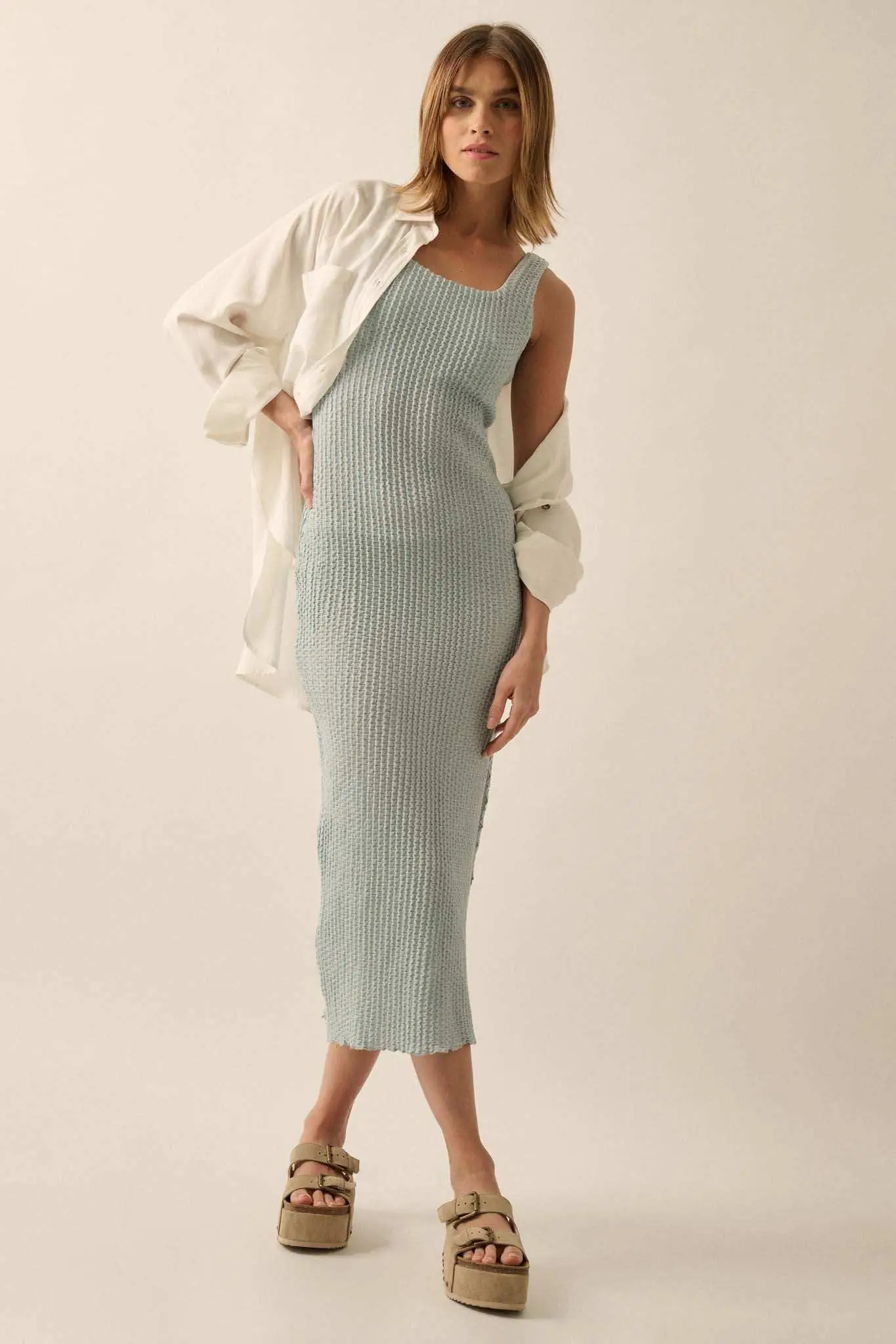Kiss and Tell Textured Pucker-Knit Midi Dress
