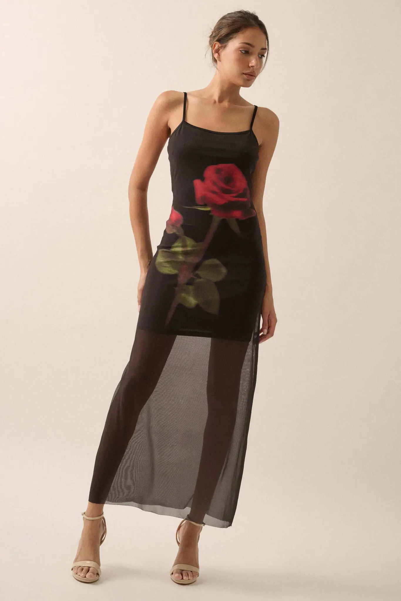 Kiss From a Rose Printed Mesh Layered Maxi Dress