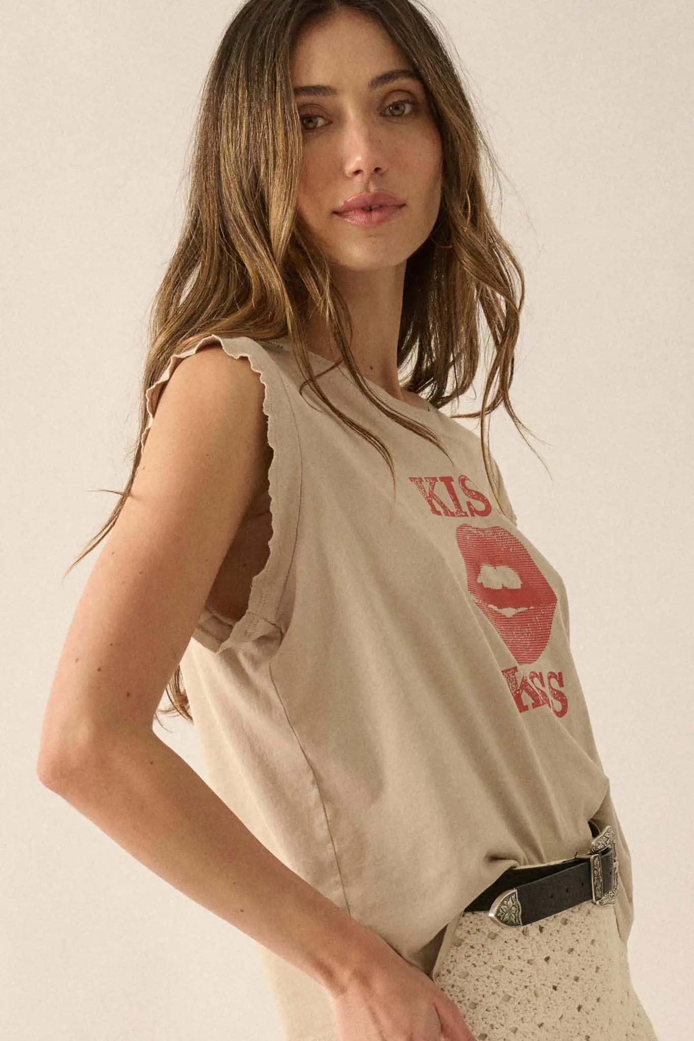 Kiss Kiss Distressed Sleeveless Graphic Tee - Image 5
