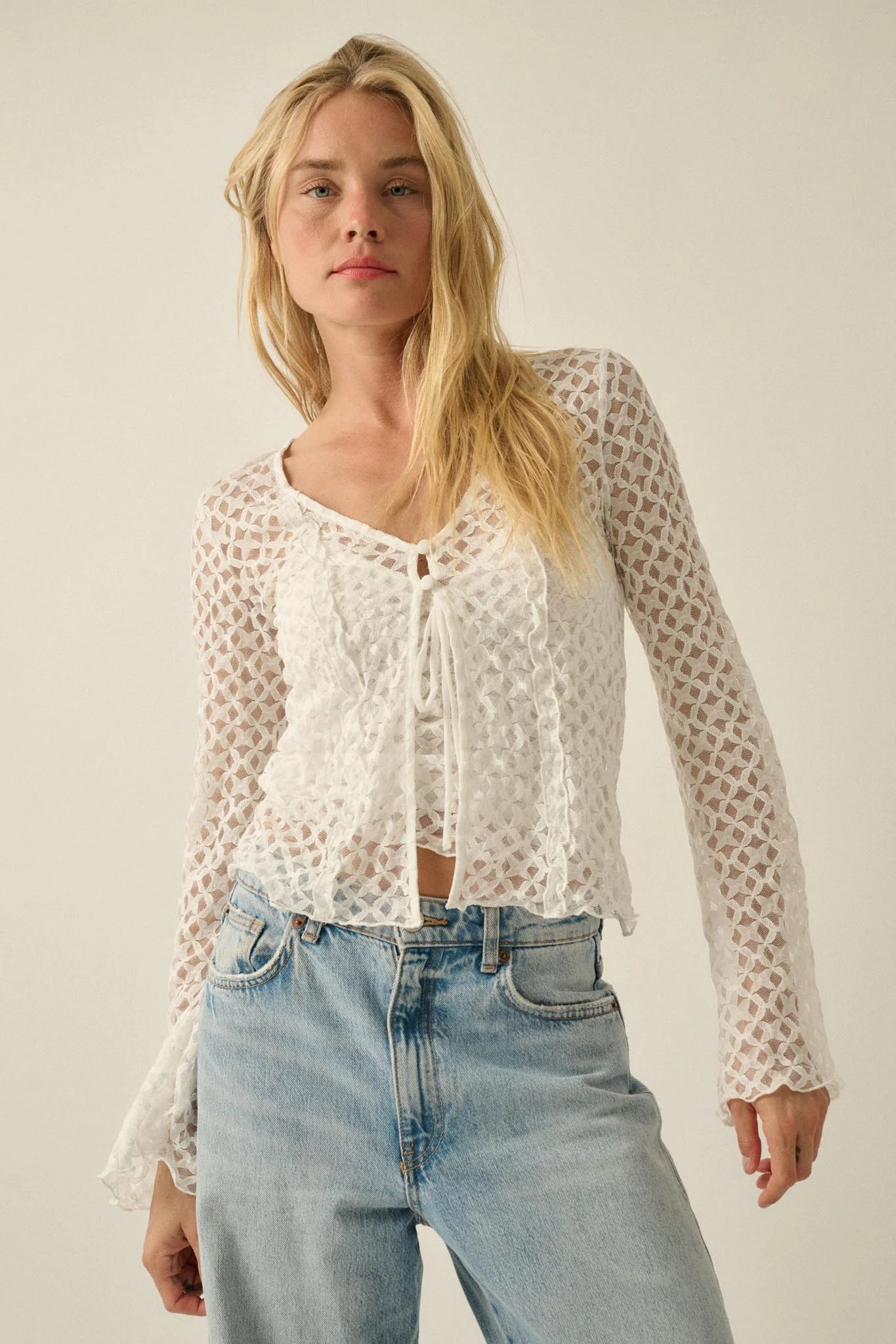 Kiss Me Quick Sheer Ruffled Floral Lace Cardigan - Image 10