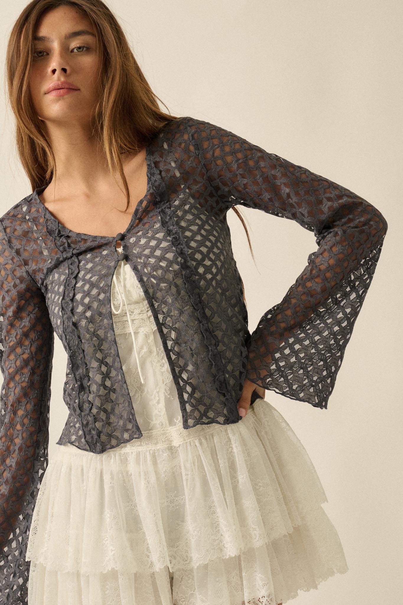 Kiss Me Quick Sheer Ruffled Floral Lace Cardigan - Image 4