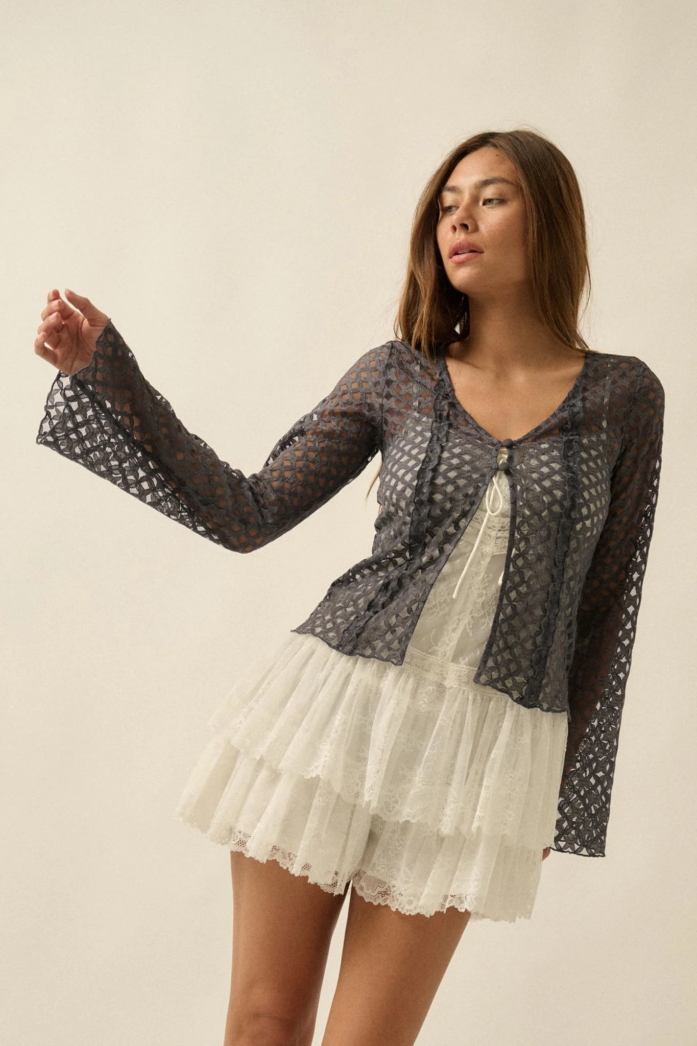 Kiss Me Quick Sheer Ruffled Floral Lace Cardigan - Image 7
