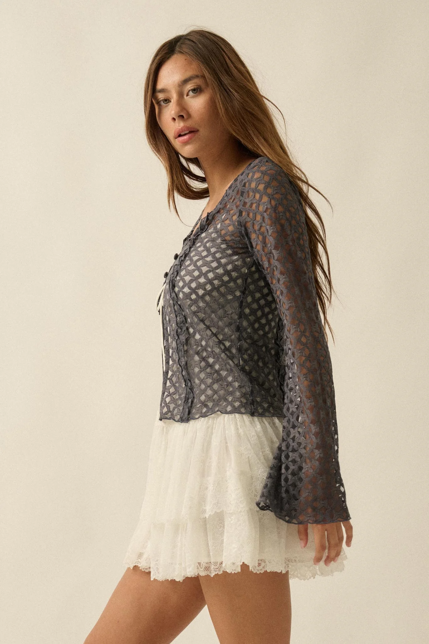 Kiss Me Quick Sheer Ruffled Floral Lace Cardigan - Image 8