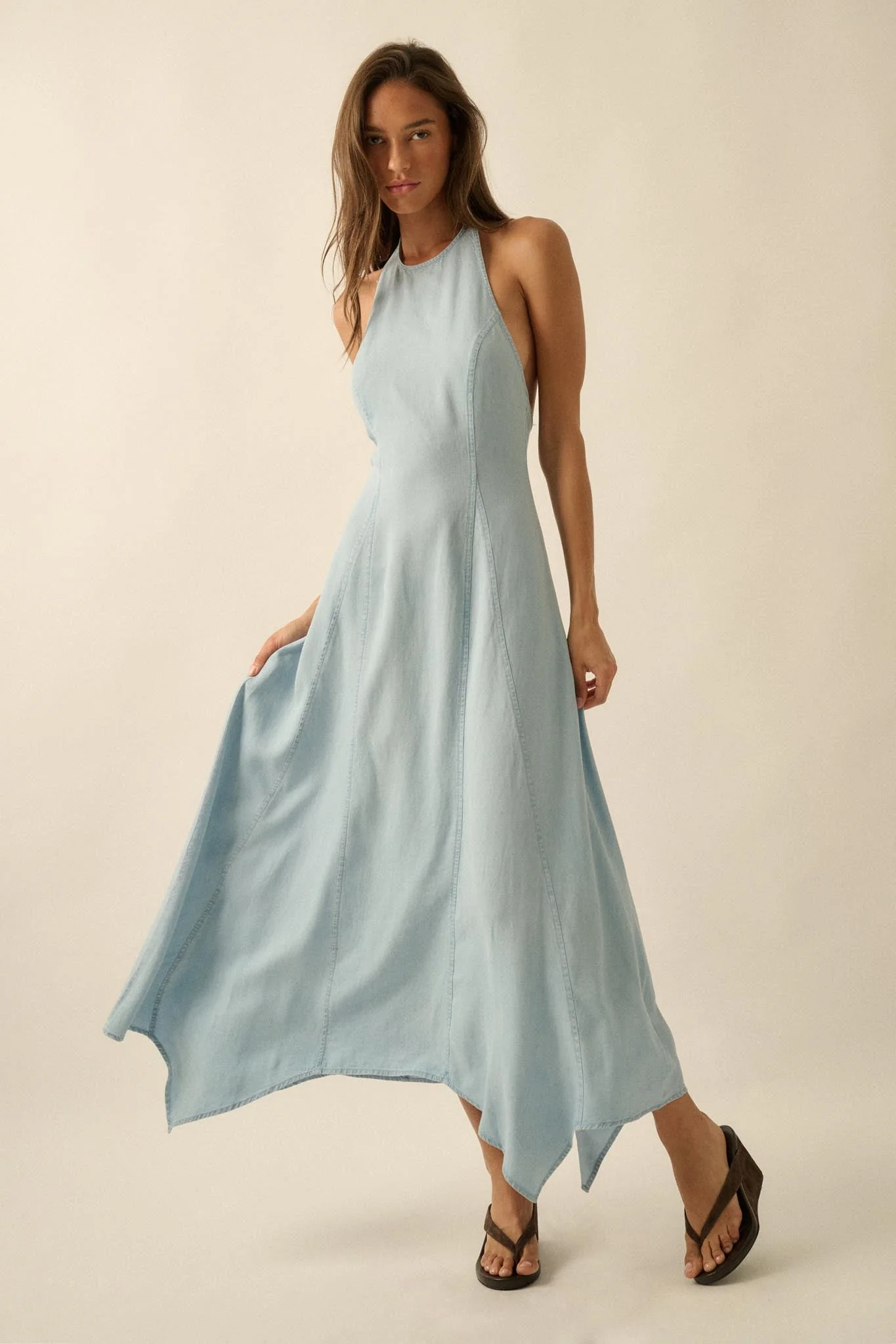 Kiss the Sky Denim Halter Handkerchief Maxi Dress - Image 4