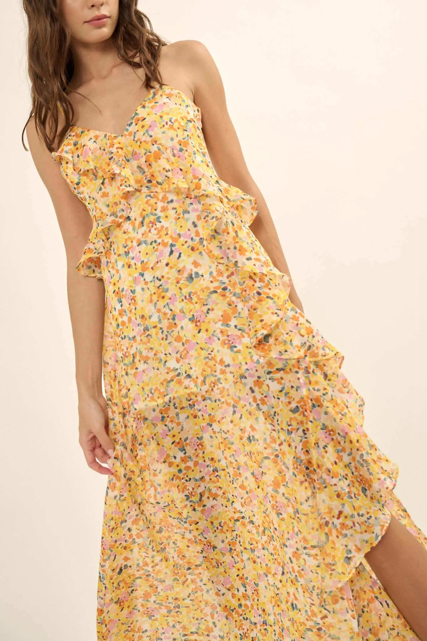Kissed By the Sun Ruffled Floral Chiffon Maxi Dress - Image 4