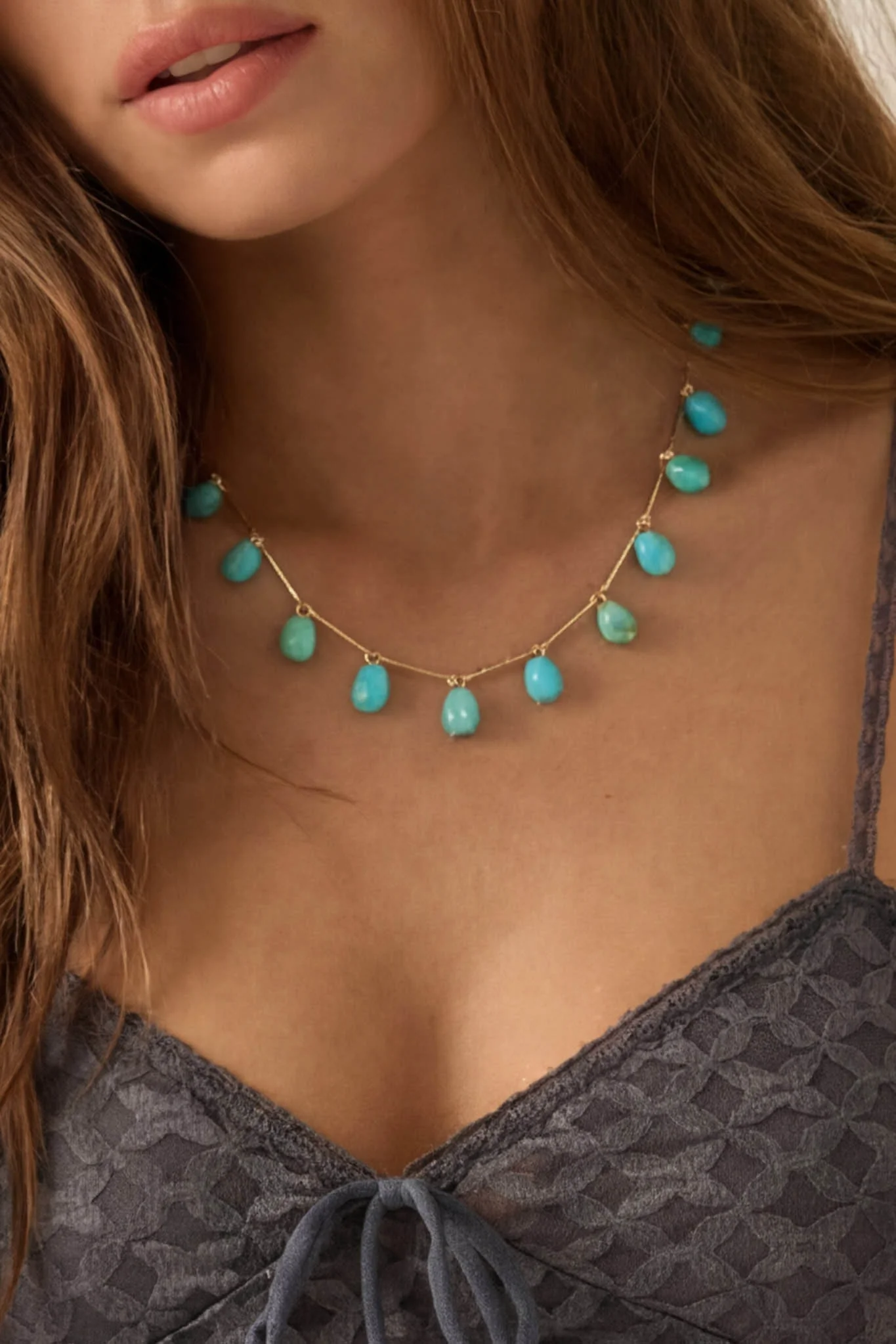 Laguna Acrylic Turquoise Gold Bar Station Necklace - Image 2