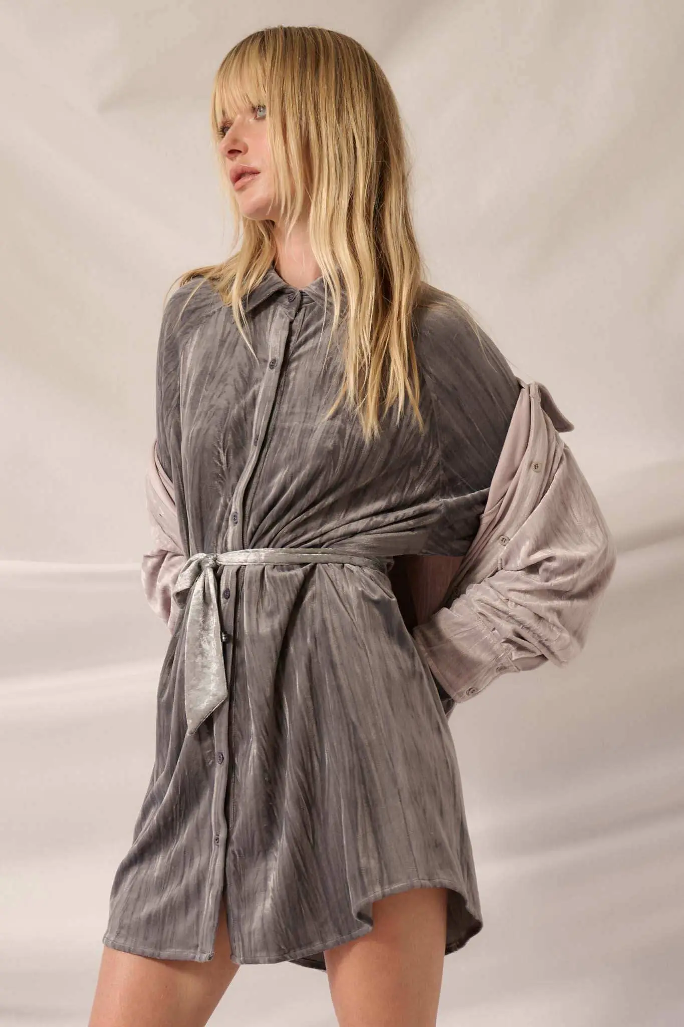 Laid-Back Luxury Crinkle Velvet Mini Shirt Dress - Image 11