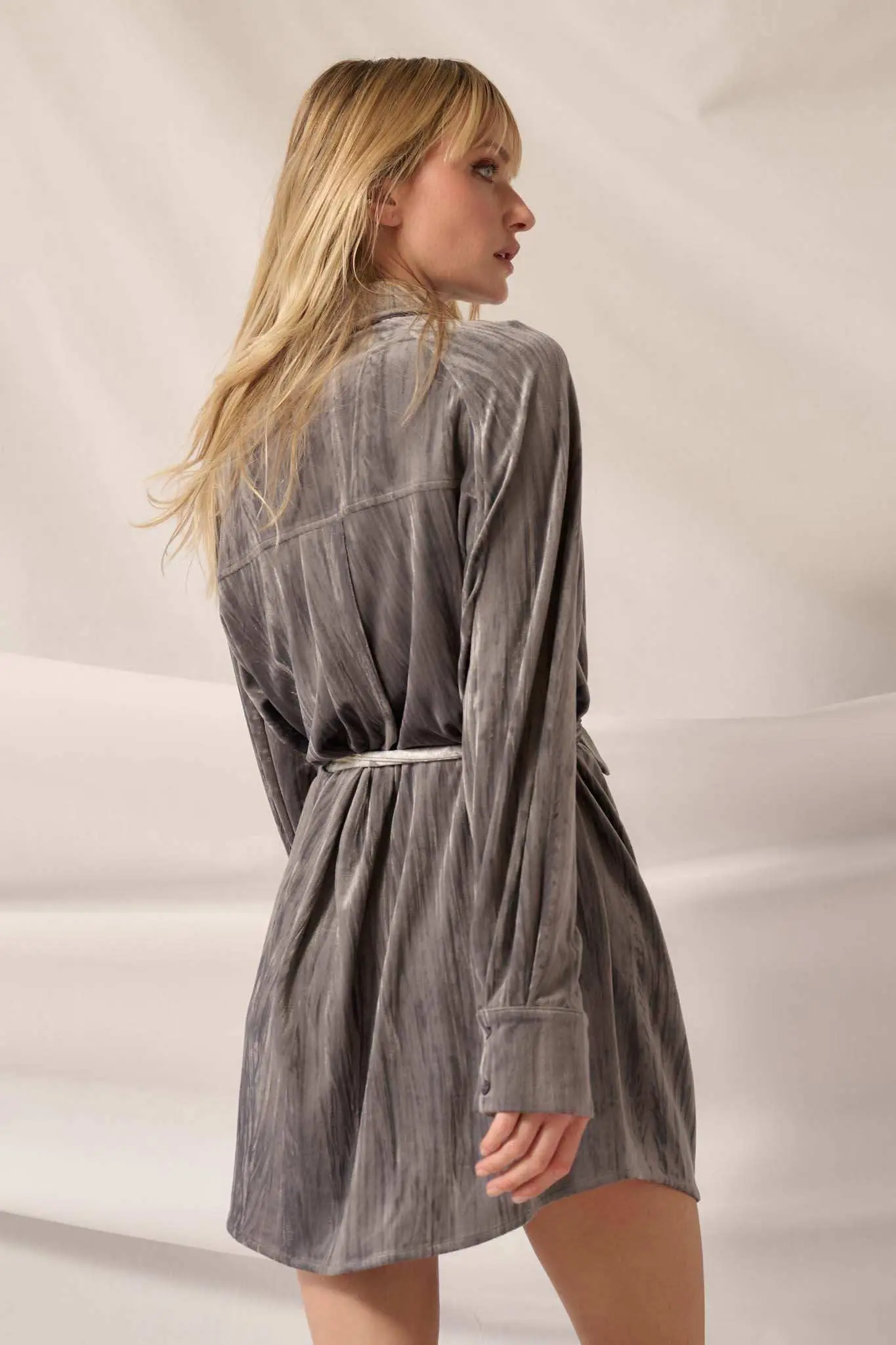 Laid-Back Luxury Crinkle Velvet Mini Shirt Dress - Image 12
