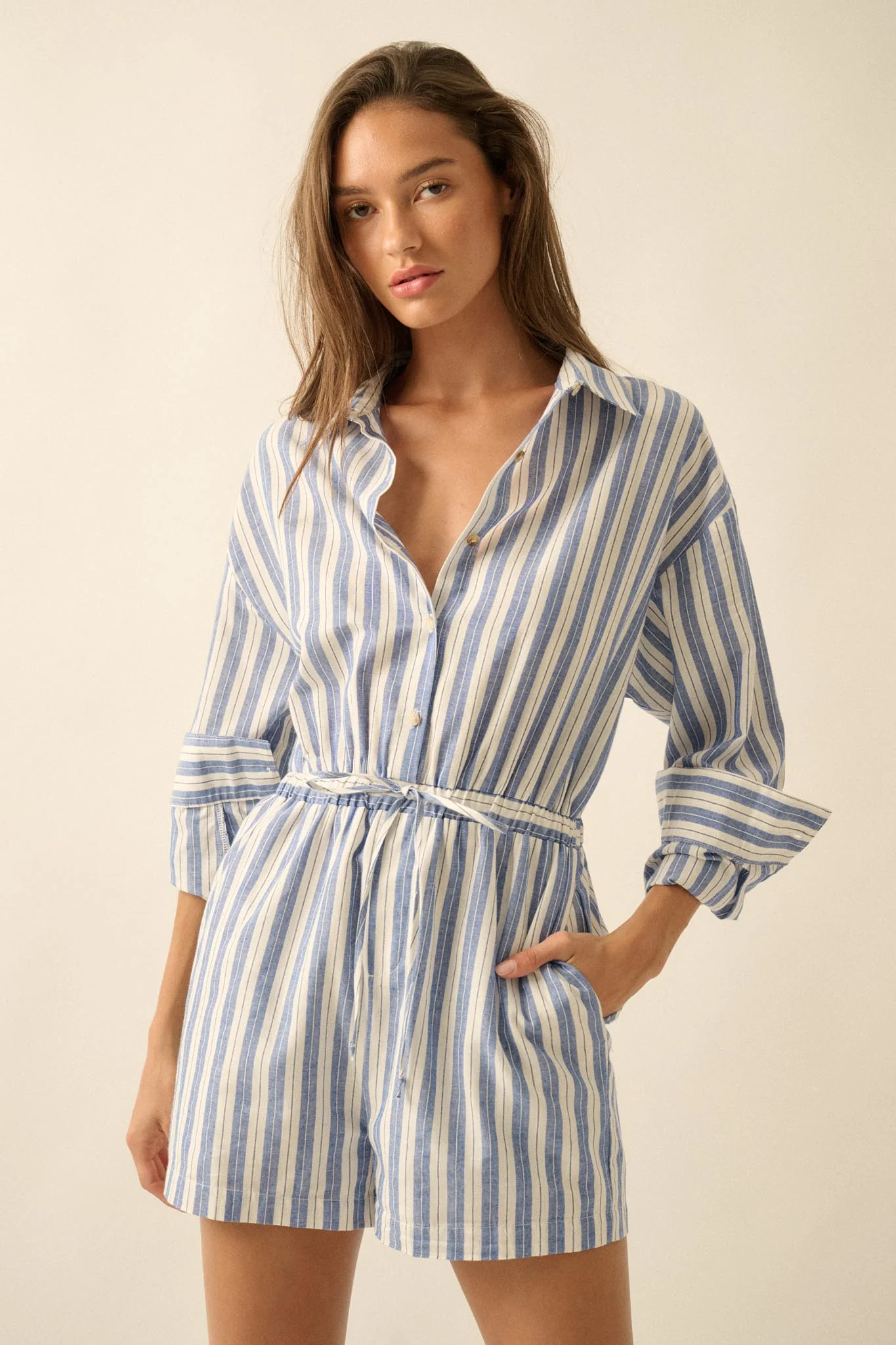Lake Days Striped Drawstring Shirt Romper - Image 10