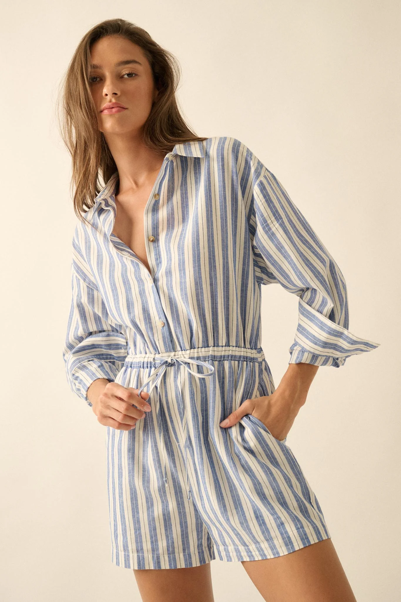 Lake Days Striped Drawstring Shirt Romper - Image 13