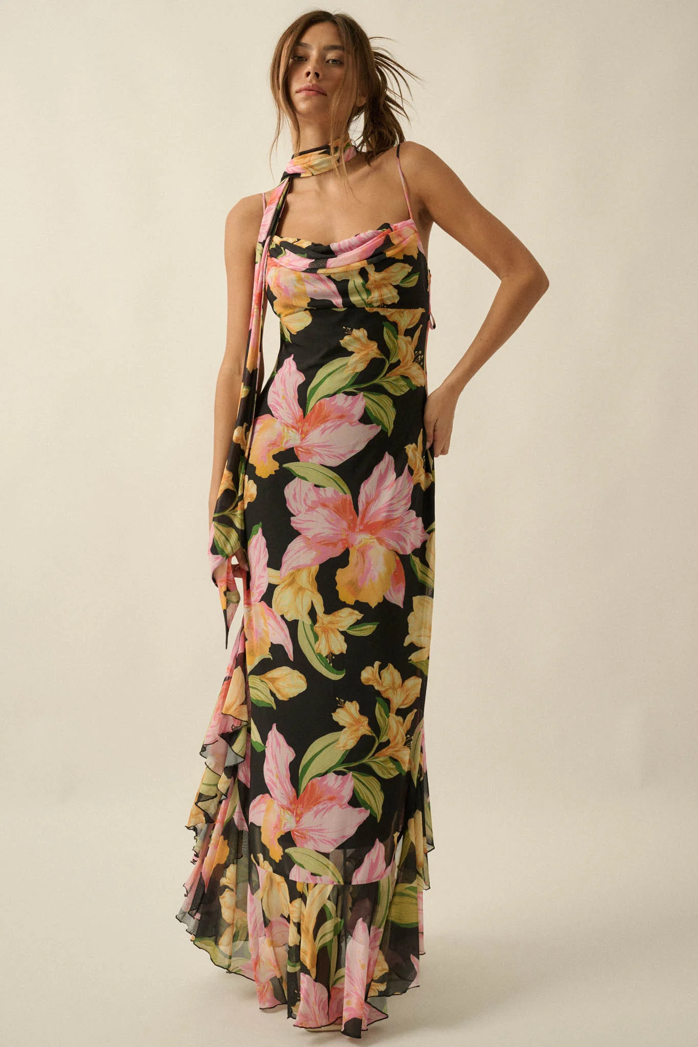 Lavish Petals Floral Mesh Ruffle Maxi Dress and Scarf
