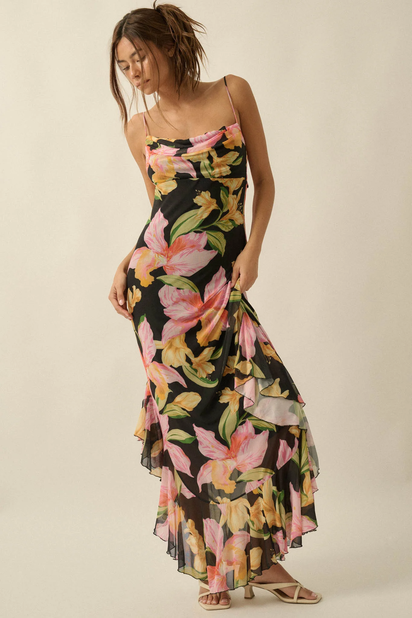 Lavish Petals Floral Mesh Ruffle Maxi Dress and Scarf - Image 3