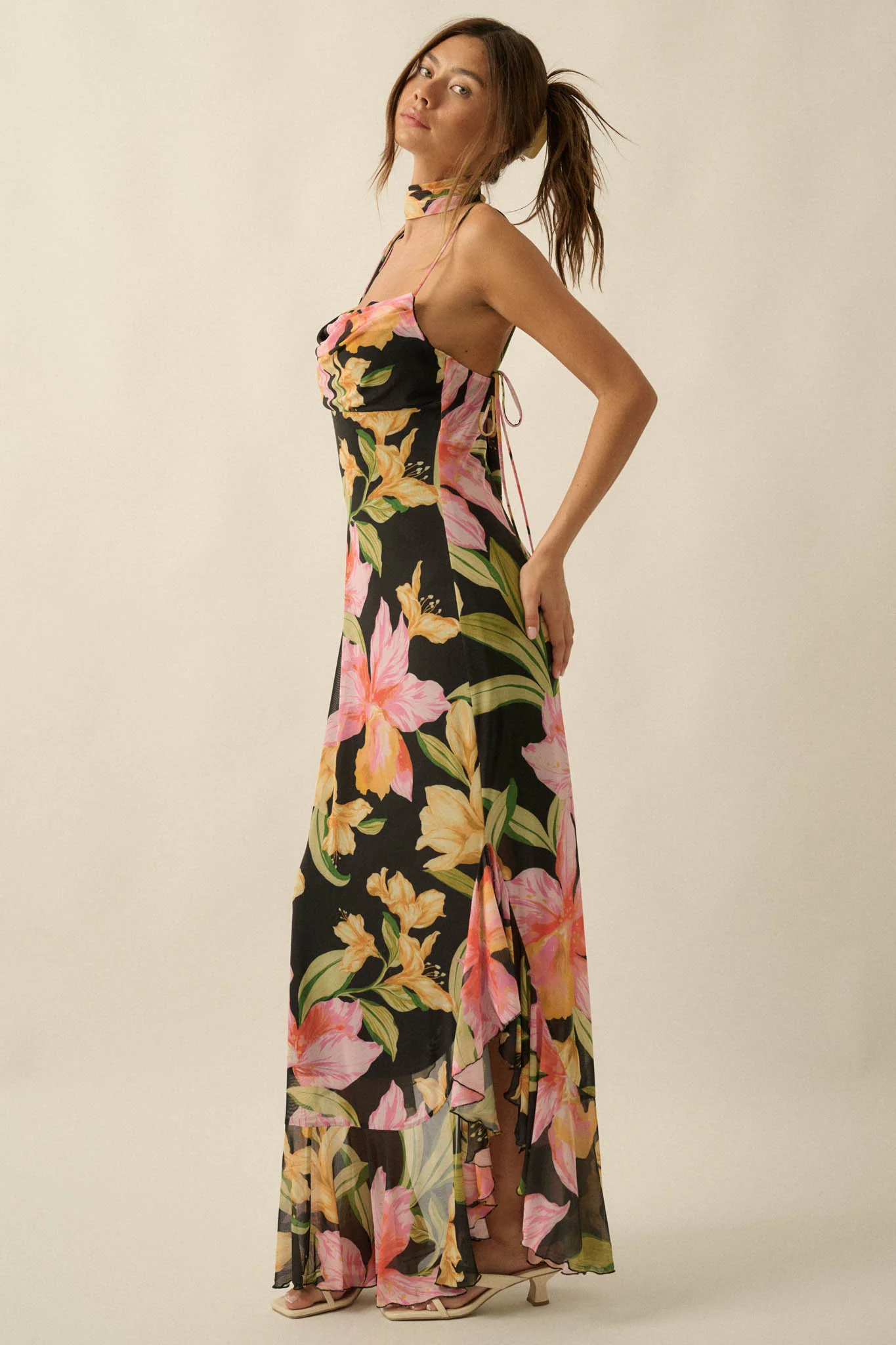 Lavish Petals Floral Mesh Ruffle Maxi Dress and Scarf - Image 5