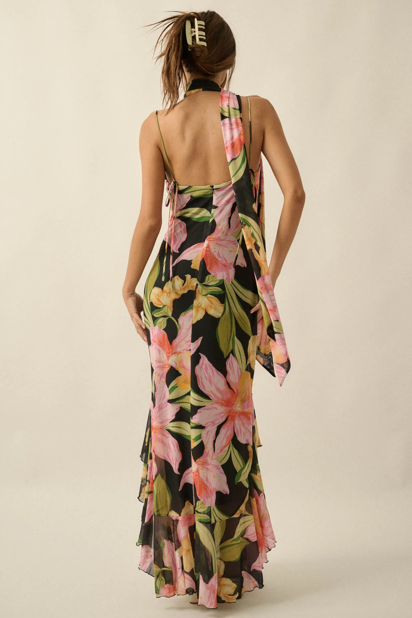 Lavish Petals Floral Mesh Ruffle Maxi Dress and Scarf - Image 6