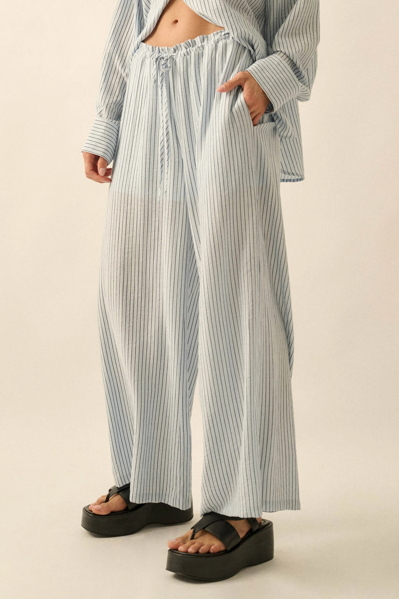 Lazy Weekend Pinstripe Wide-Leg Drawstring Pants - Image 5