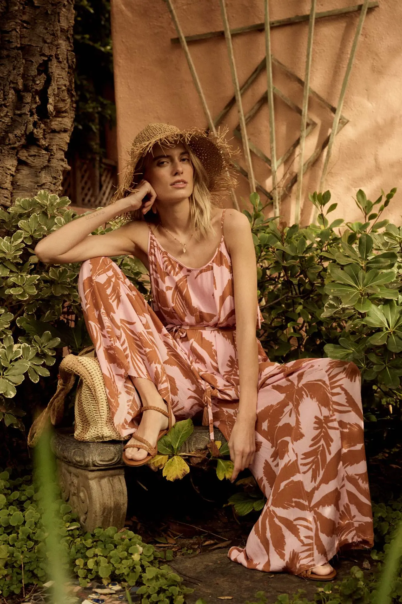 Leaf Me Be Tropical Belted Wide-Leg Jumpsuit