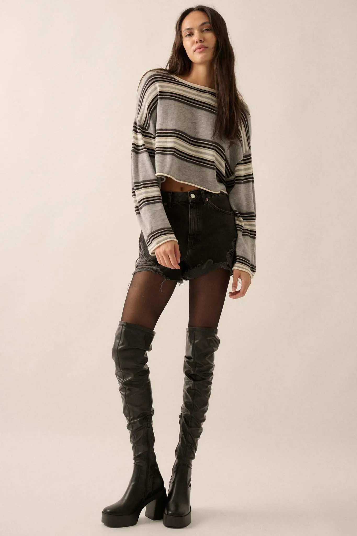 Level Best Striped Rolled-Edge Cropped Sweater - Image 10