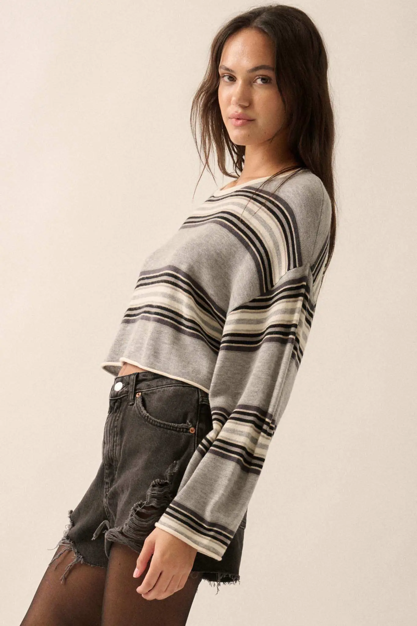 Level Best Striped Rolled-Edge Cropped Sweater - Image 11