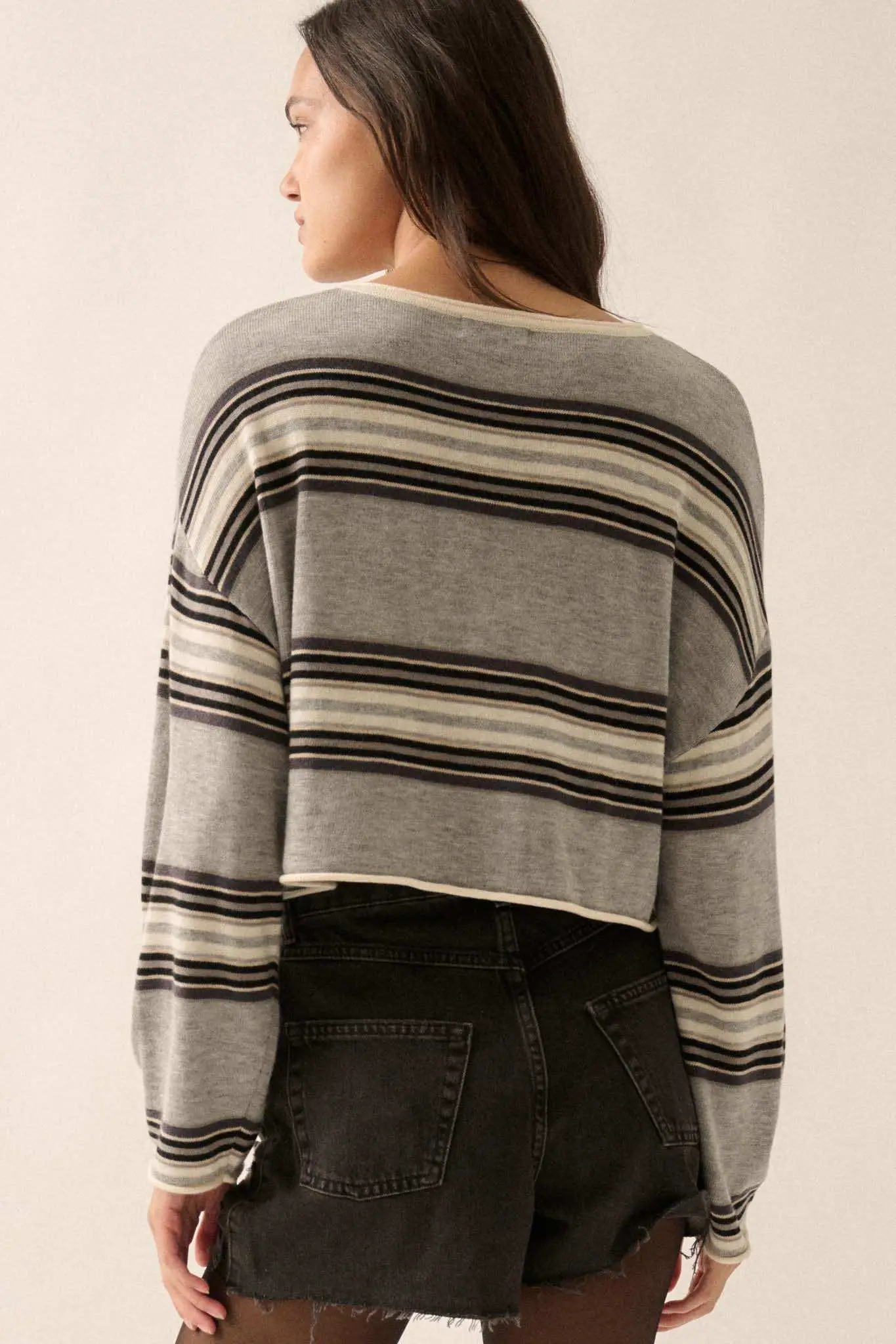 Level Best Striped Rolled-Edge Cropped Sweater - Image 12
