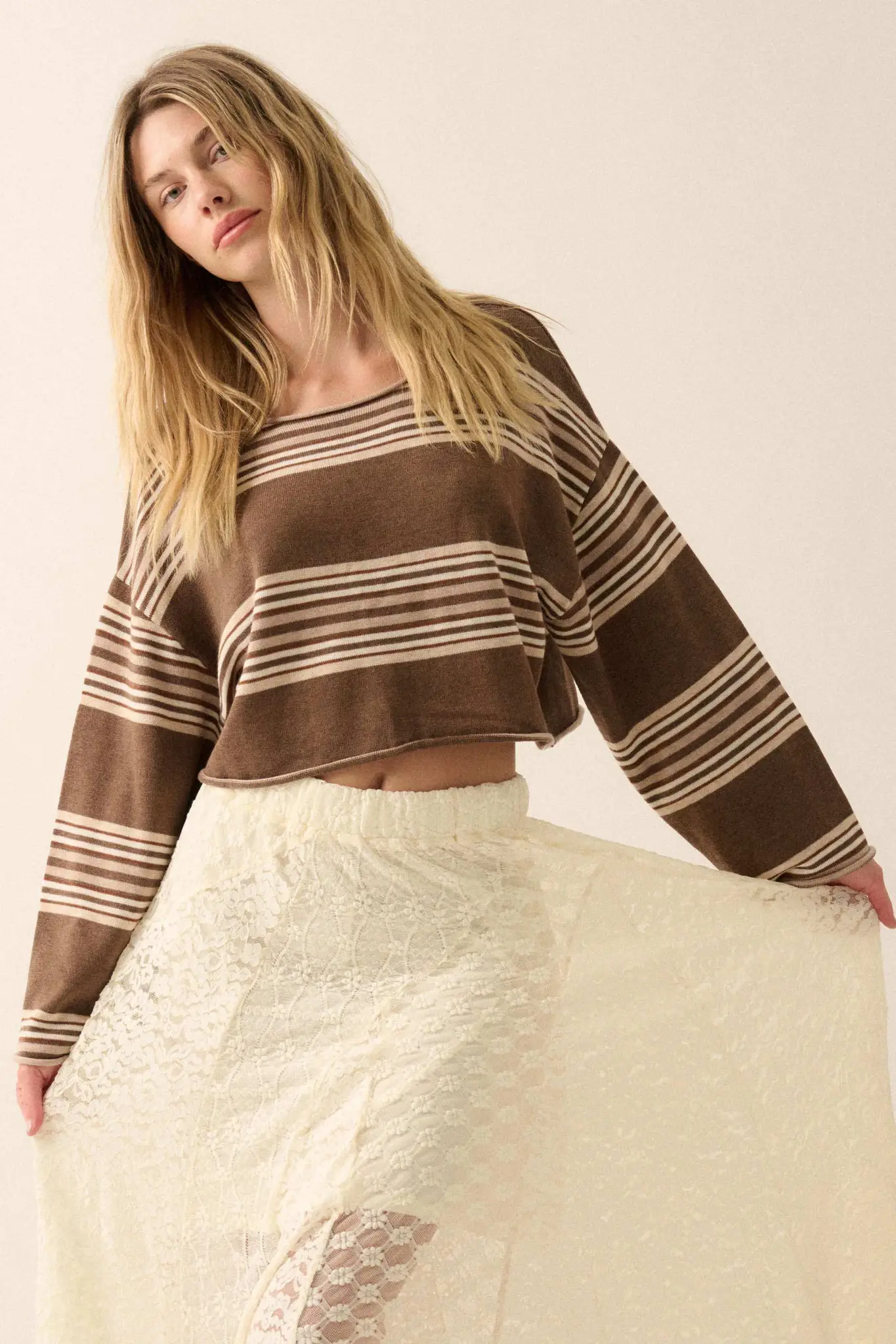 Level Best Striped Rolled-Edge Cropped Sweater - Image 6