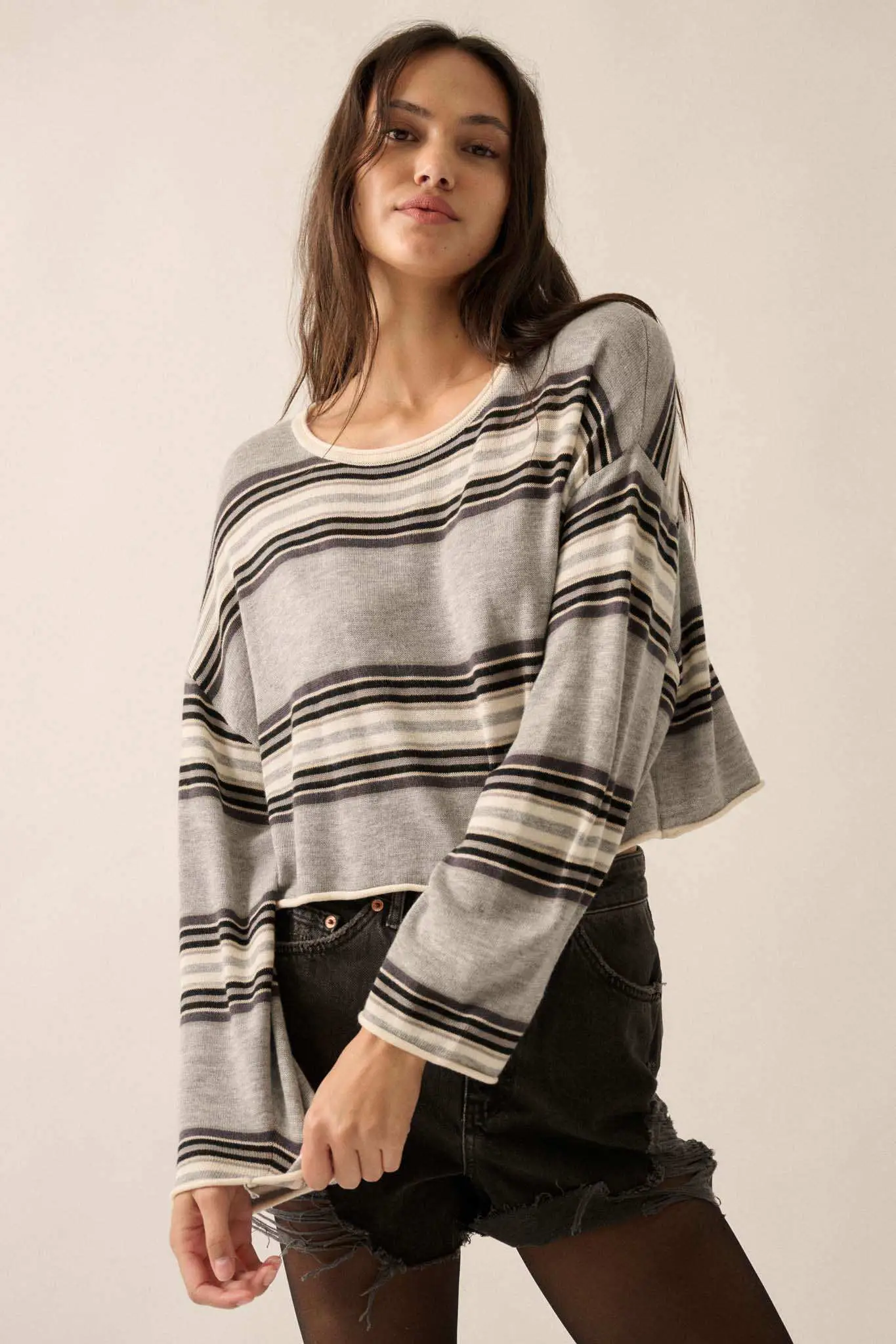 Level Best Striped Rolled-Edge Cropped Sweater - Image 9