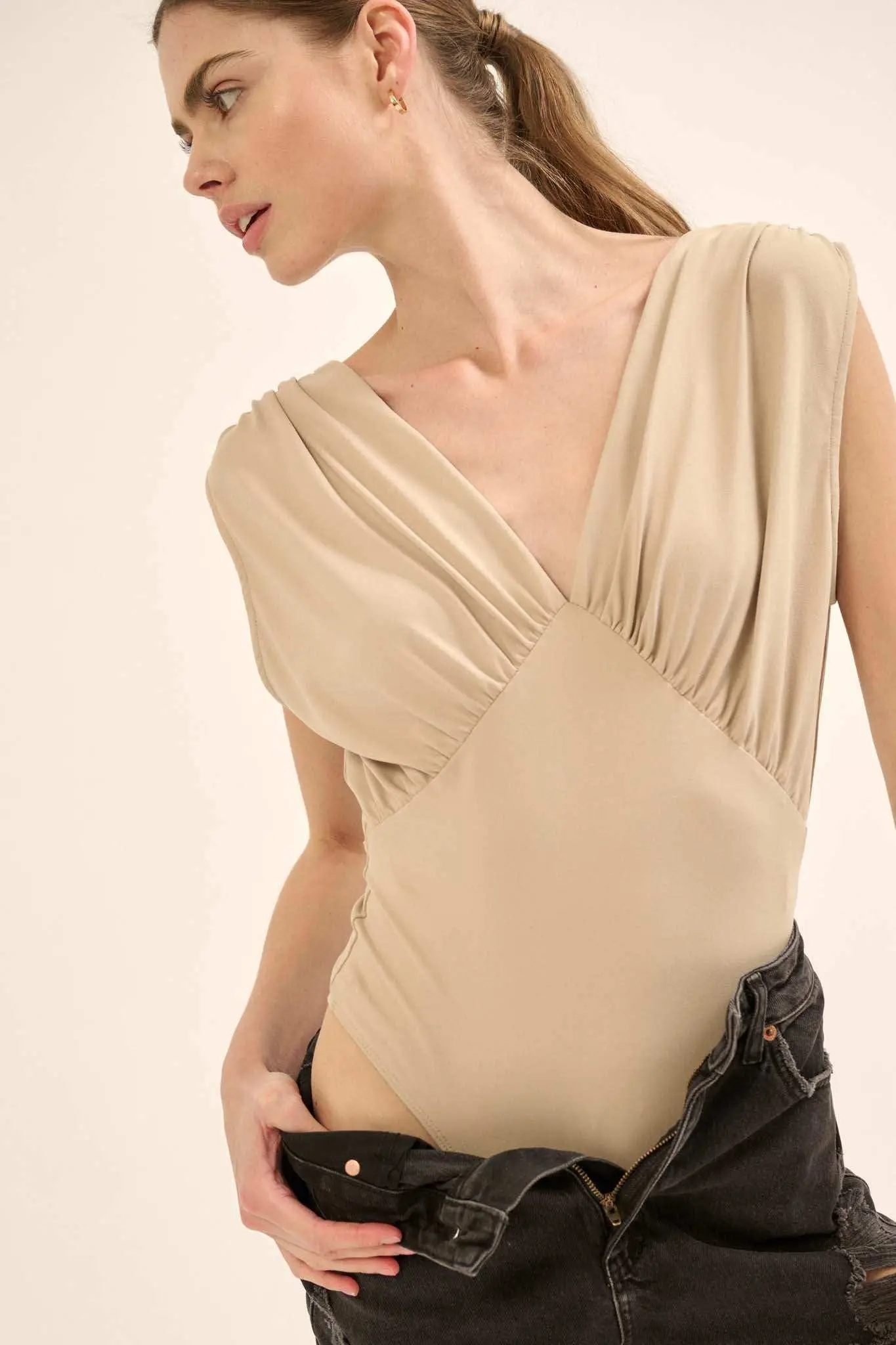 Lifted Fit Gathered Cap-Sleeve V-Neck Bodysuit - Image 5