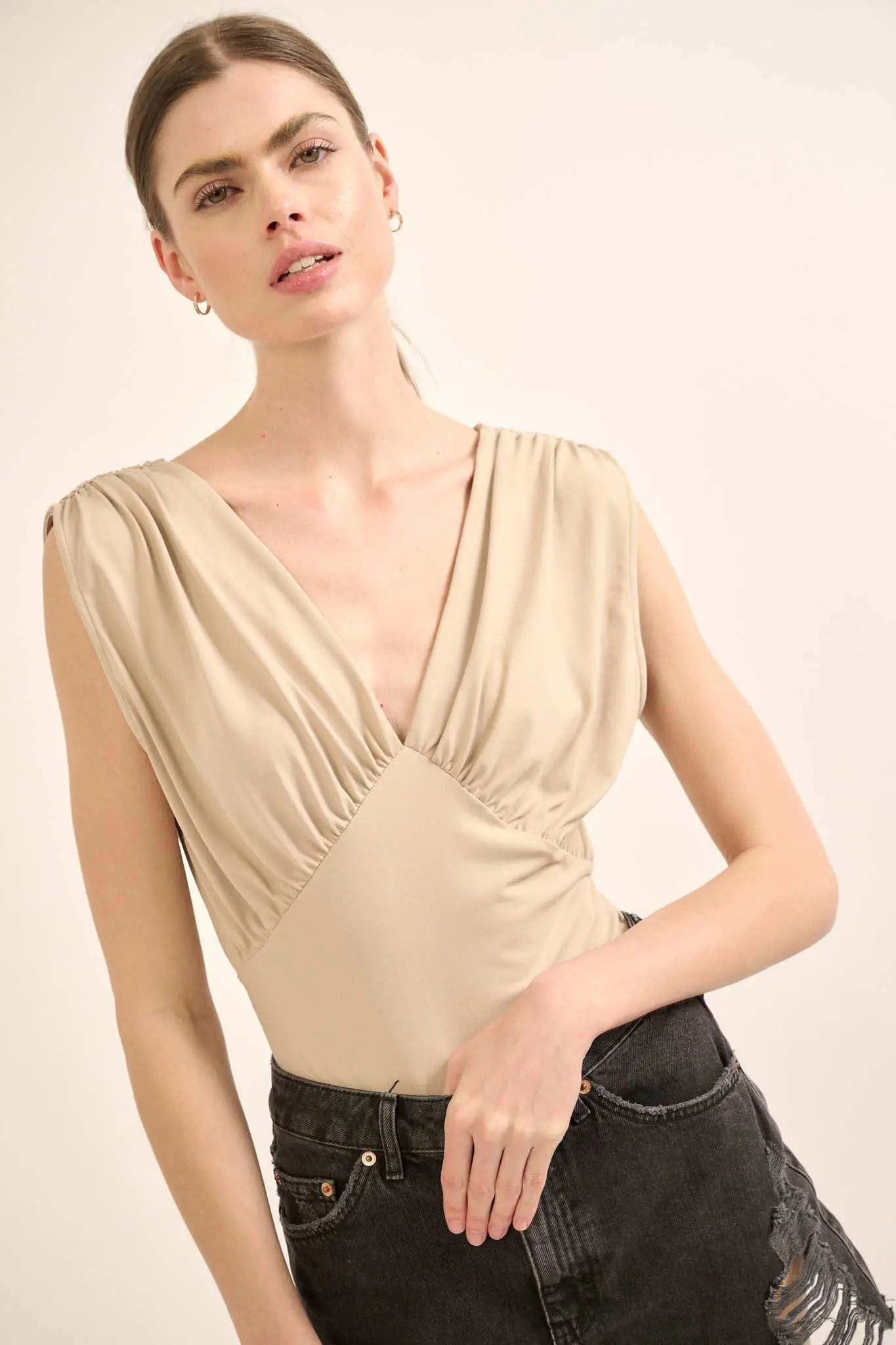 Lifted Fit Gathered Cap-Sleeve V-Neck Bodysuit - Image 7