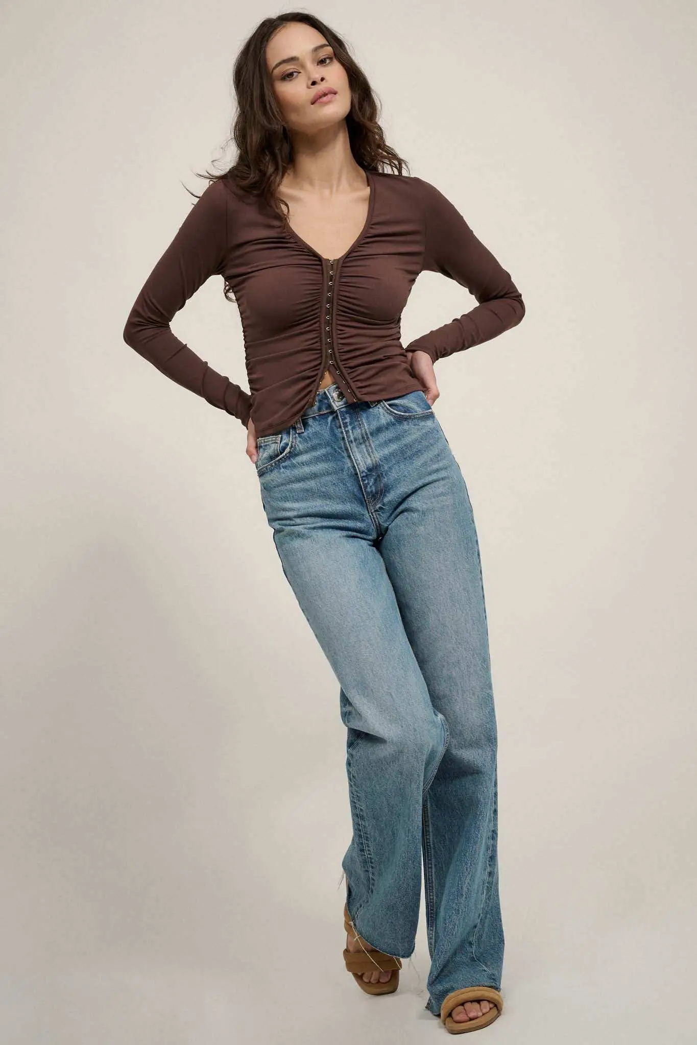 Lifted Fit Ruched Hook-Front Long-Sleeve Top - Image 11