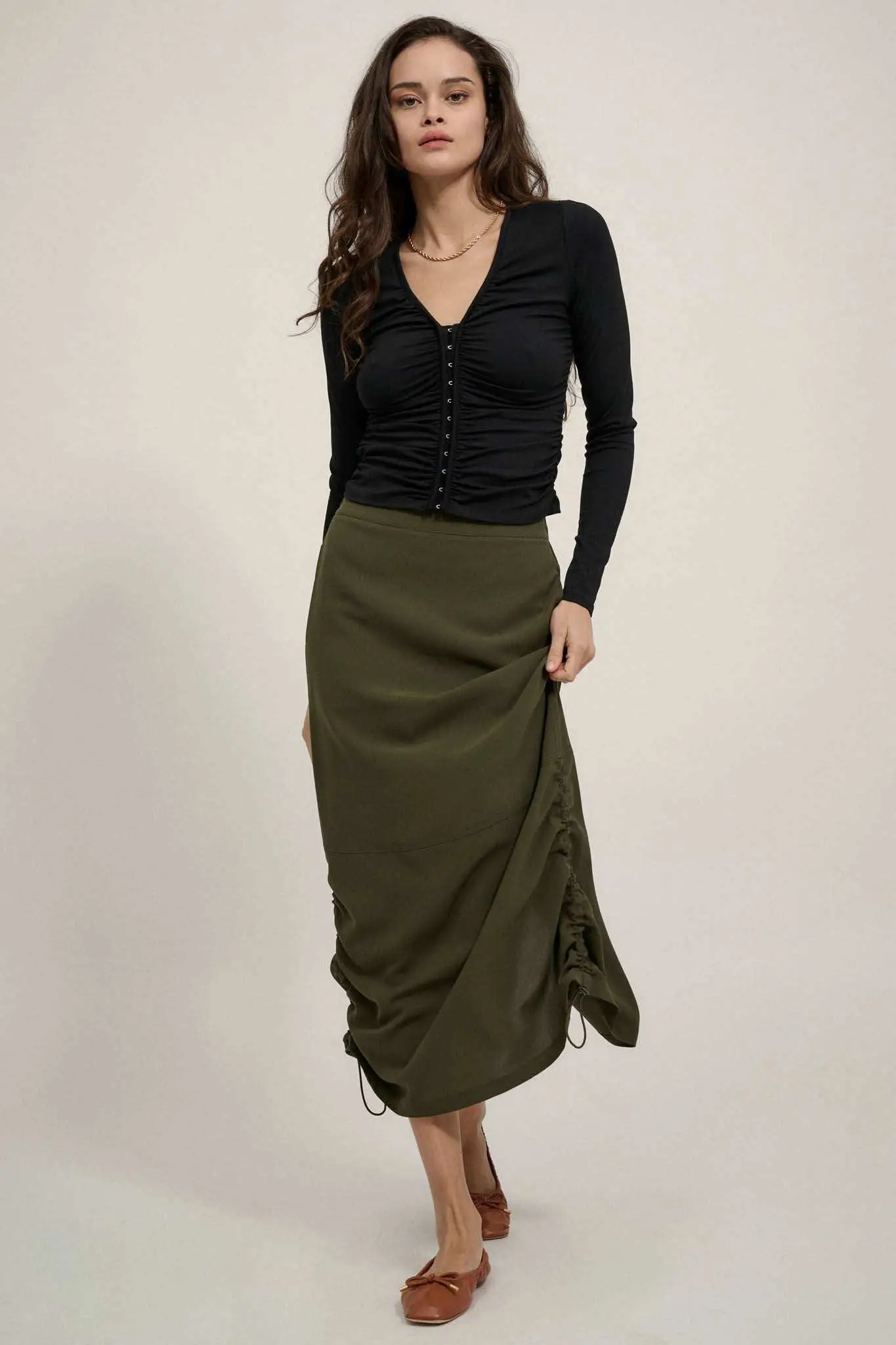 Lifted Fit Ruched Hook-Front Long-Sleeve Top - Image 3