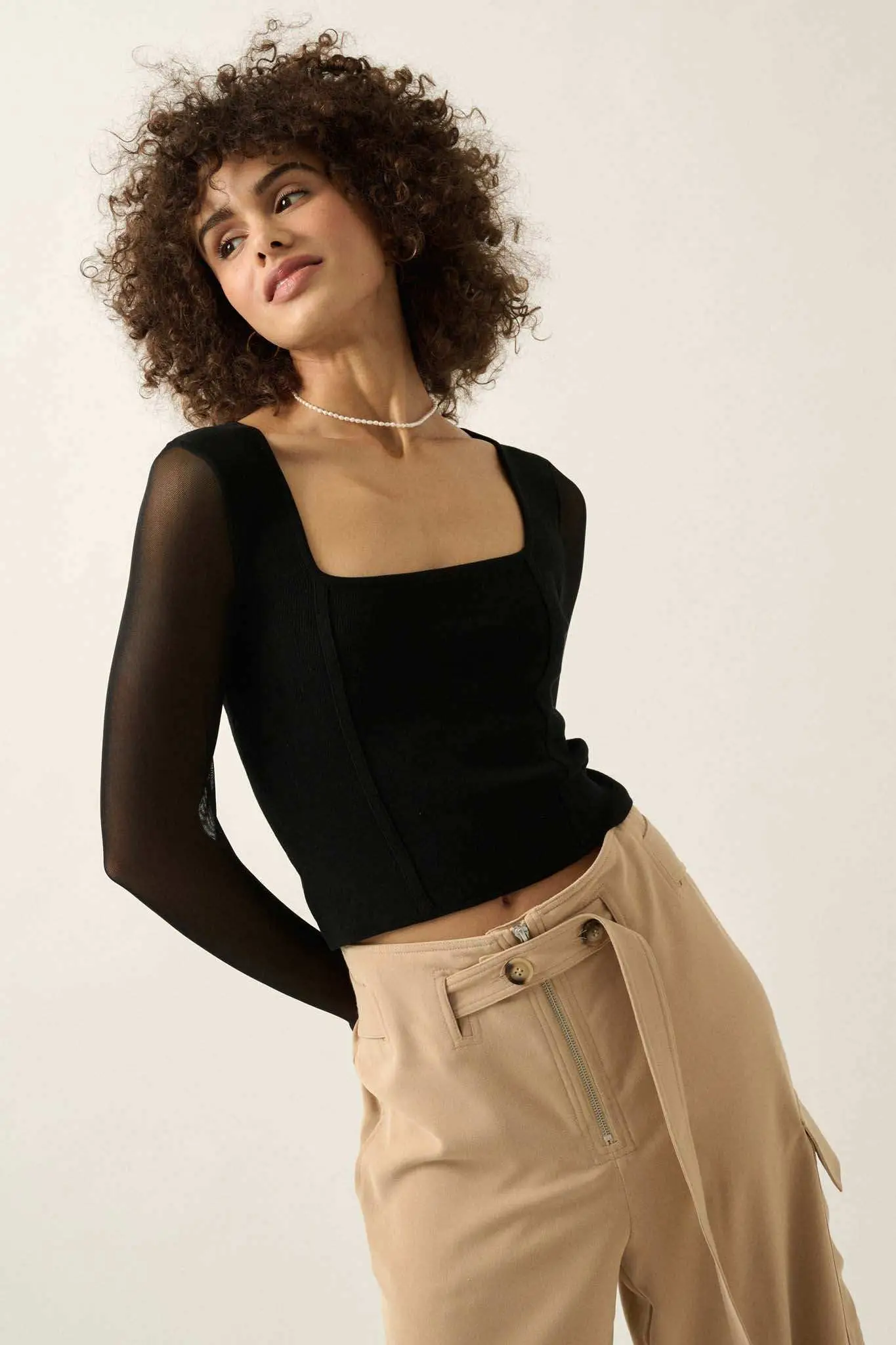 Lifted Fit Square Neck Mesh-Sleeve Crop Top - Image 6