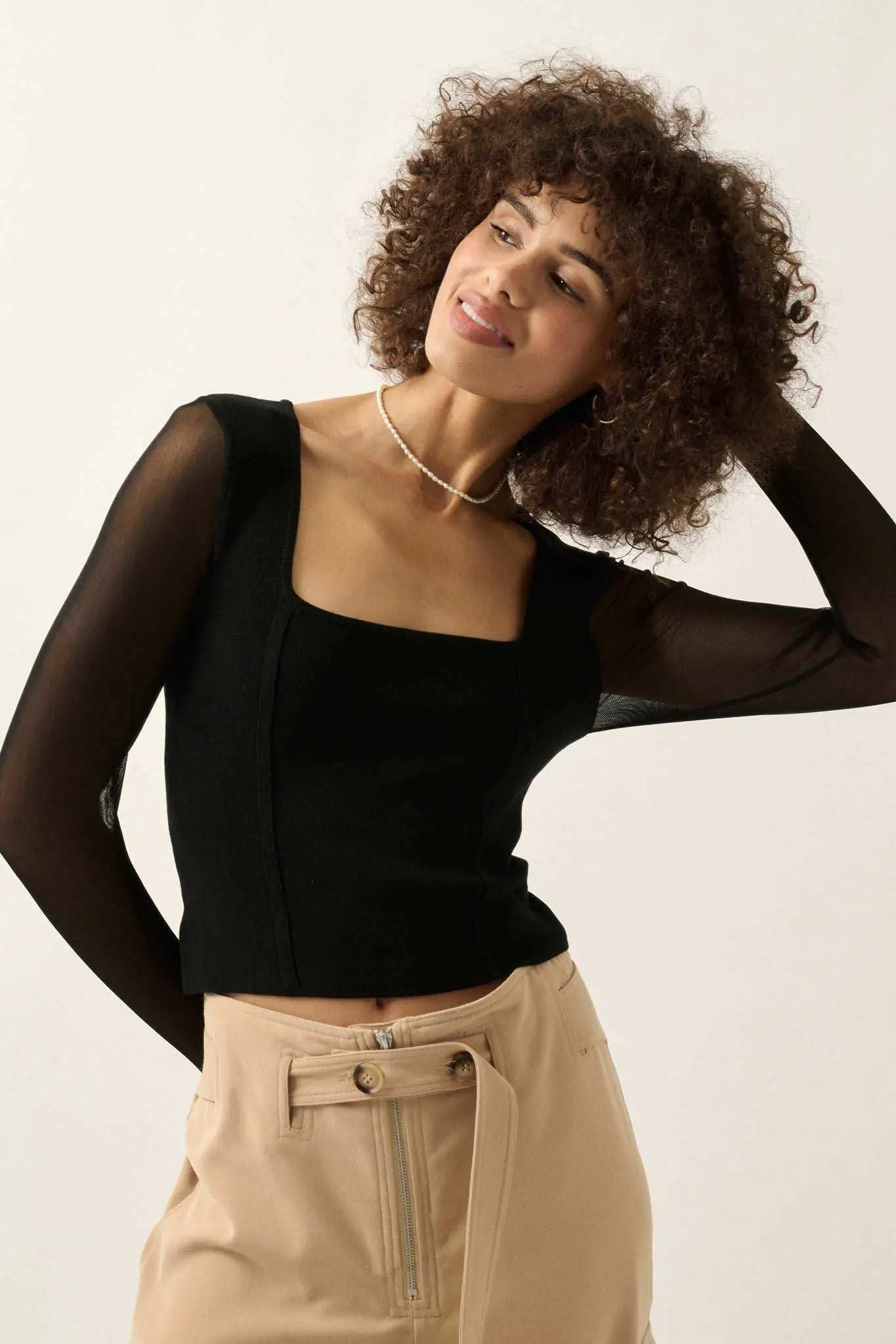 Lifted Fit Square Neck Mesh-Sleeve Crop Top - Image 9