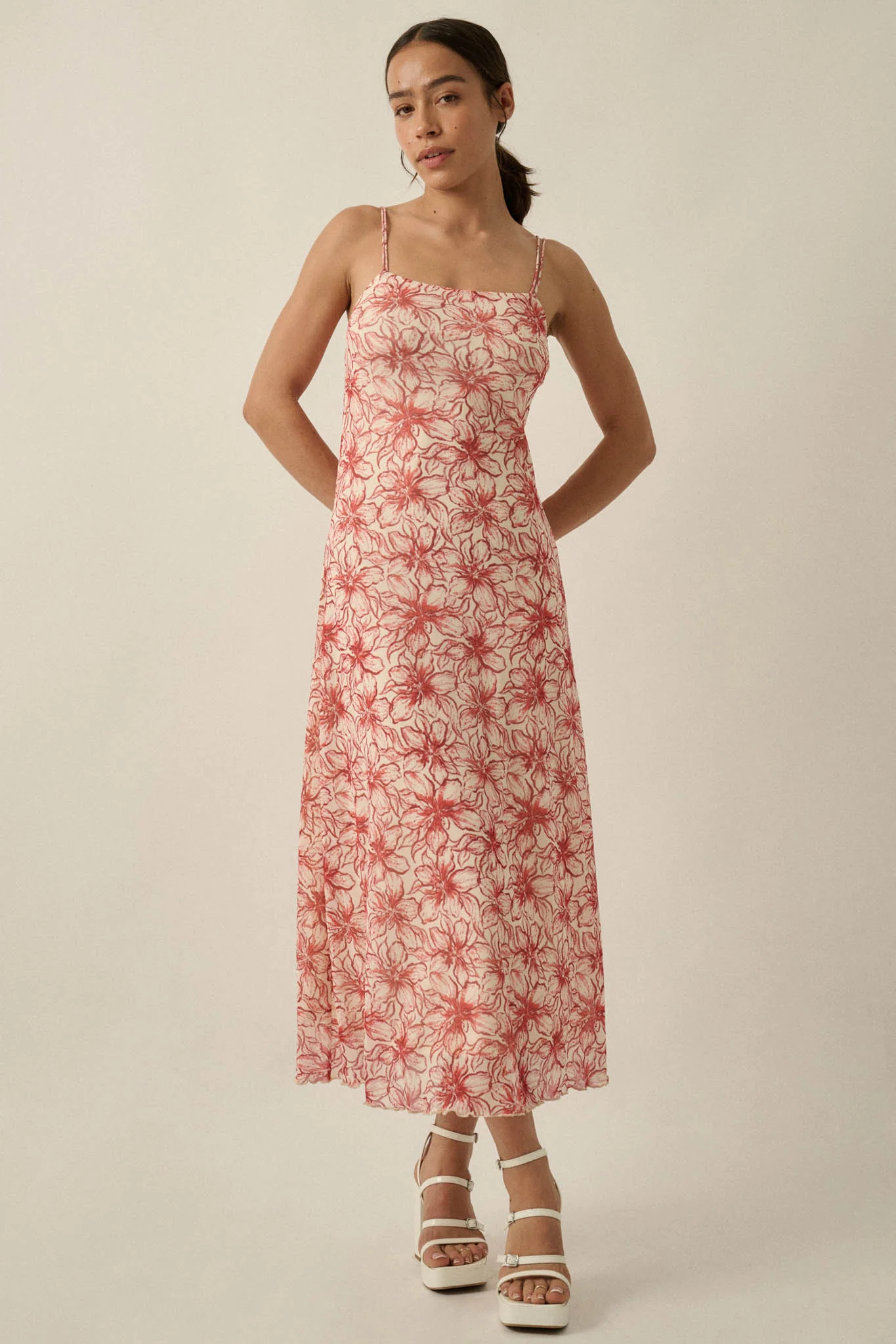 Lilies Bloom Floral Mesh Cami Midi Dress