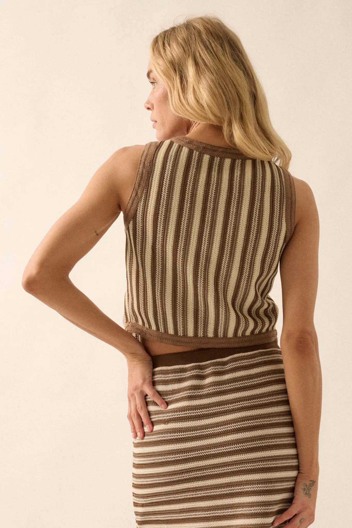 Line It Up Striped Knit Cropped Button-Up Vest - Image 12