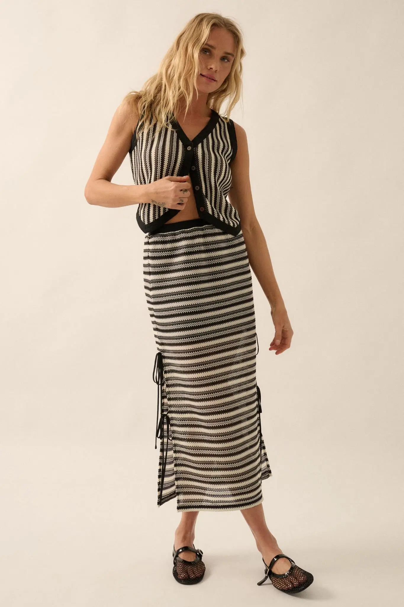 Line of Sight Striped Knit Side-Tie Midi Skirt