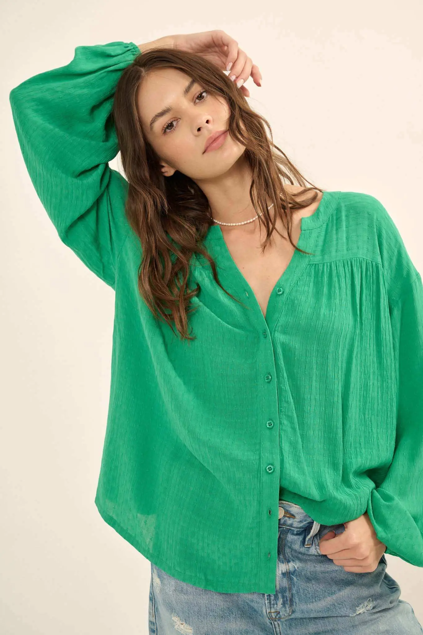 Livelong Day Jacquard Button-Front Peasant Top - Image 11
