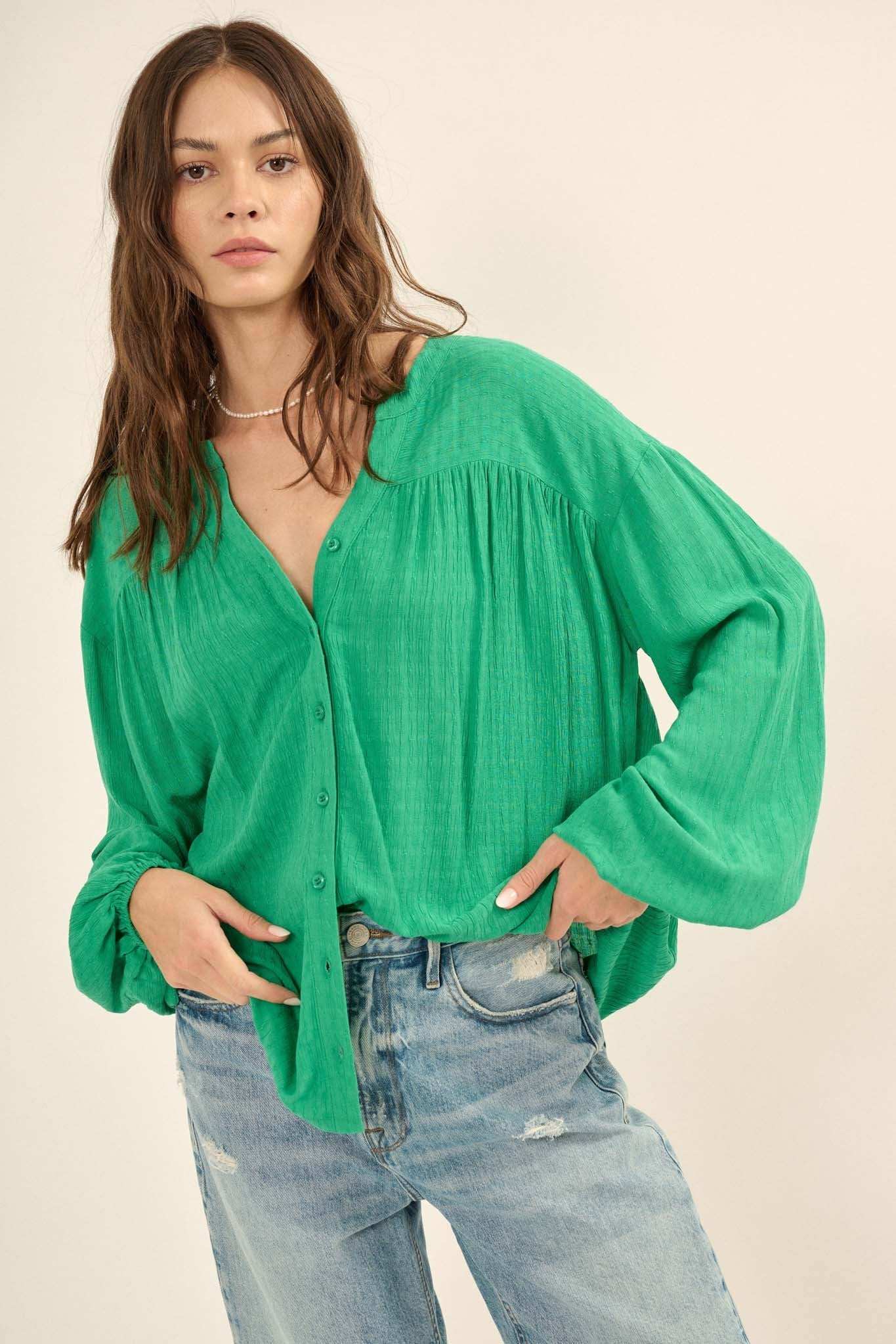 Livelong Day Jacquard Button-Front Peasant Top - Image 7